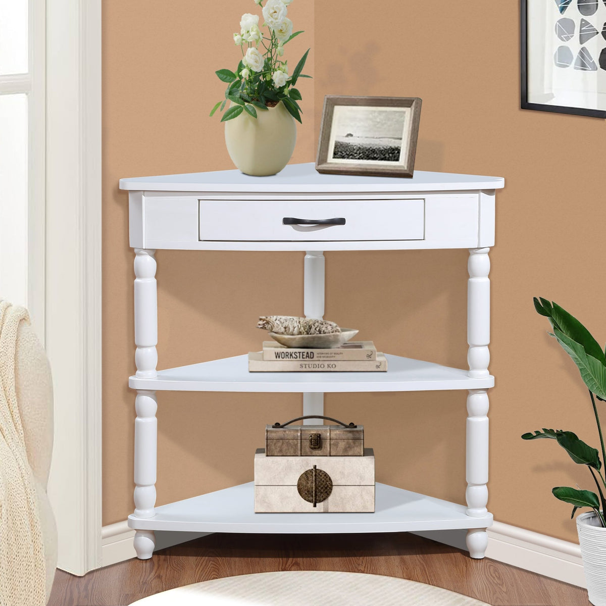 Three-tiered small triangular corner tables(milk white) - KiKiUMi
