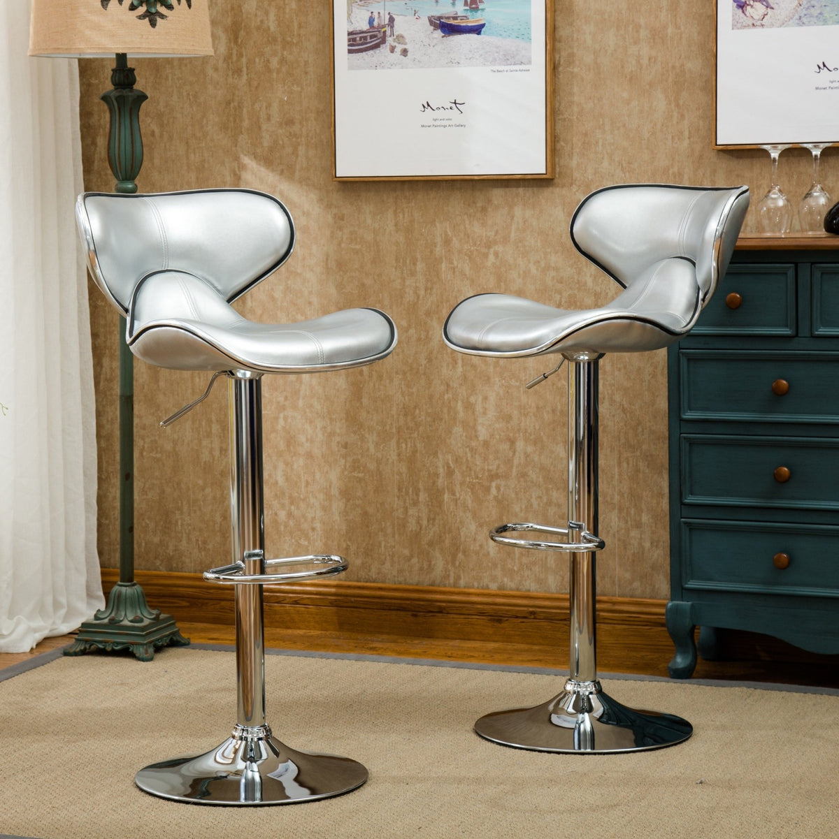 Two adjustable and rotating bar stools（silver） - KiKiUMi