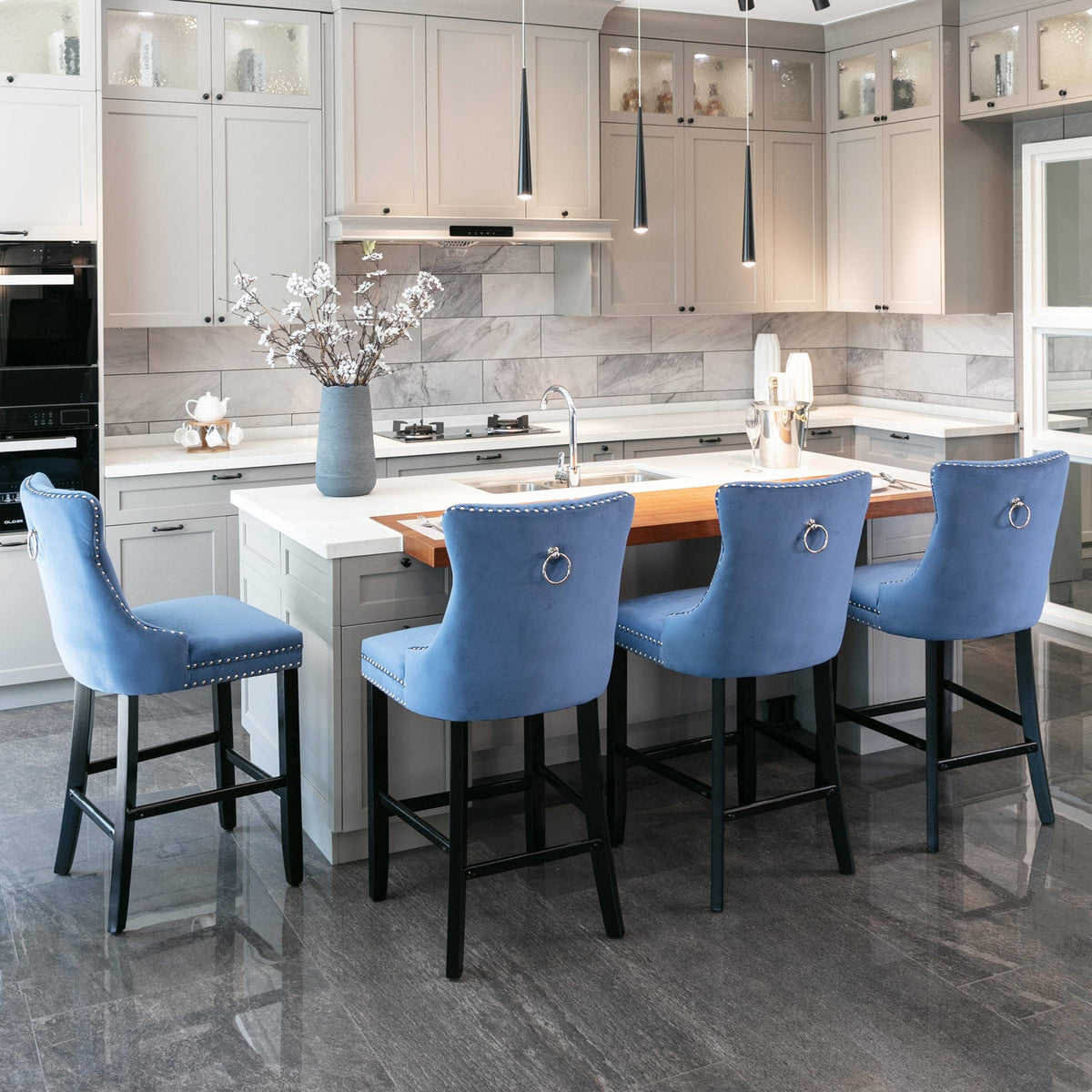 Two casual velvet upholstered bar stools (blue) - KiKiUMi