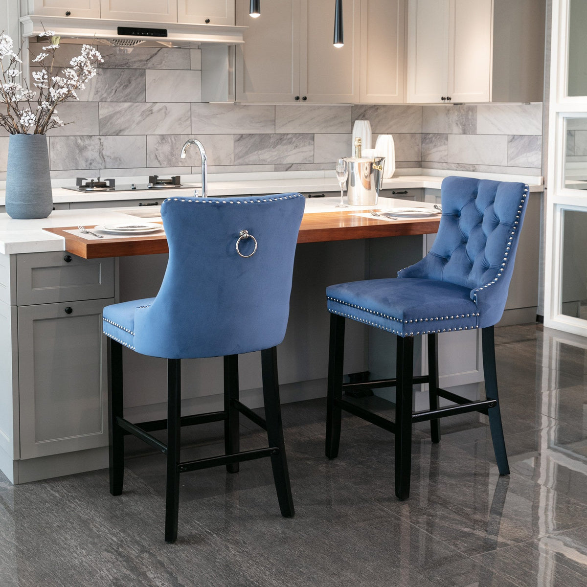Two casual velvet upholstered bar stools (blue) - KiKiUMi