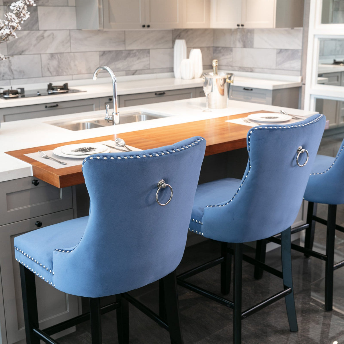 Two casual velvet upholstered bar stools (blue) - KiKiUMi