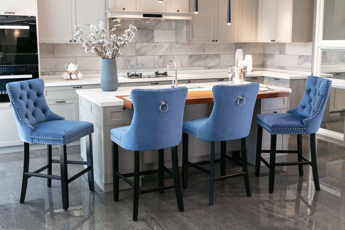 Two casual velvet upholstered bar stools (blue) - KiKiUMi