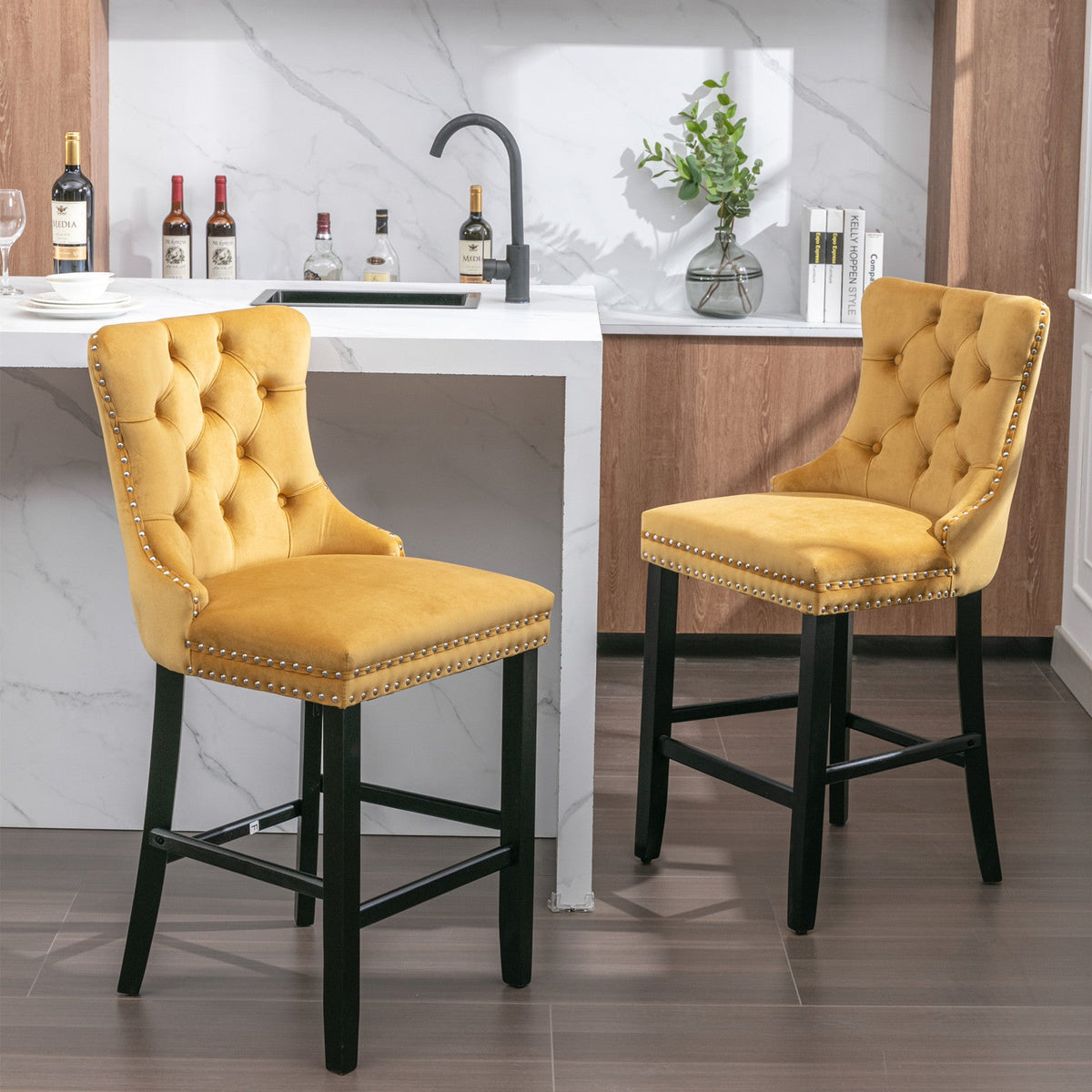 Two contemporary velvet upholstered bar stool(gold) - KiKiUMi