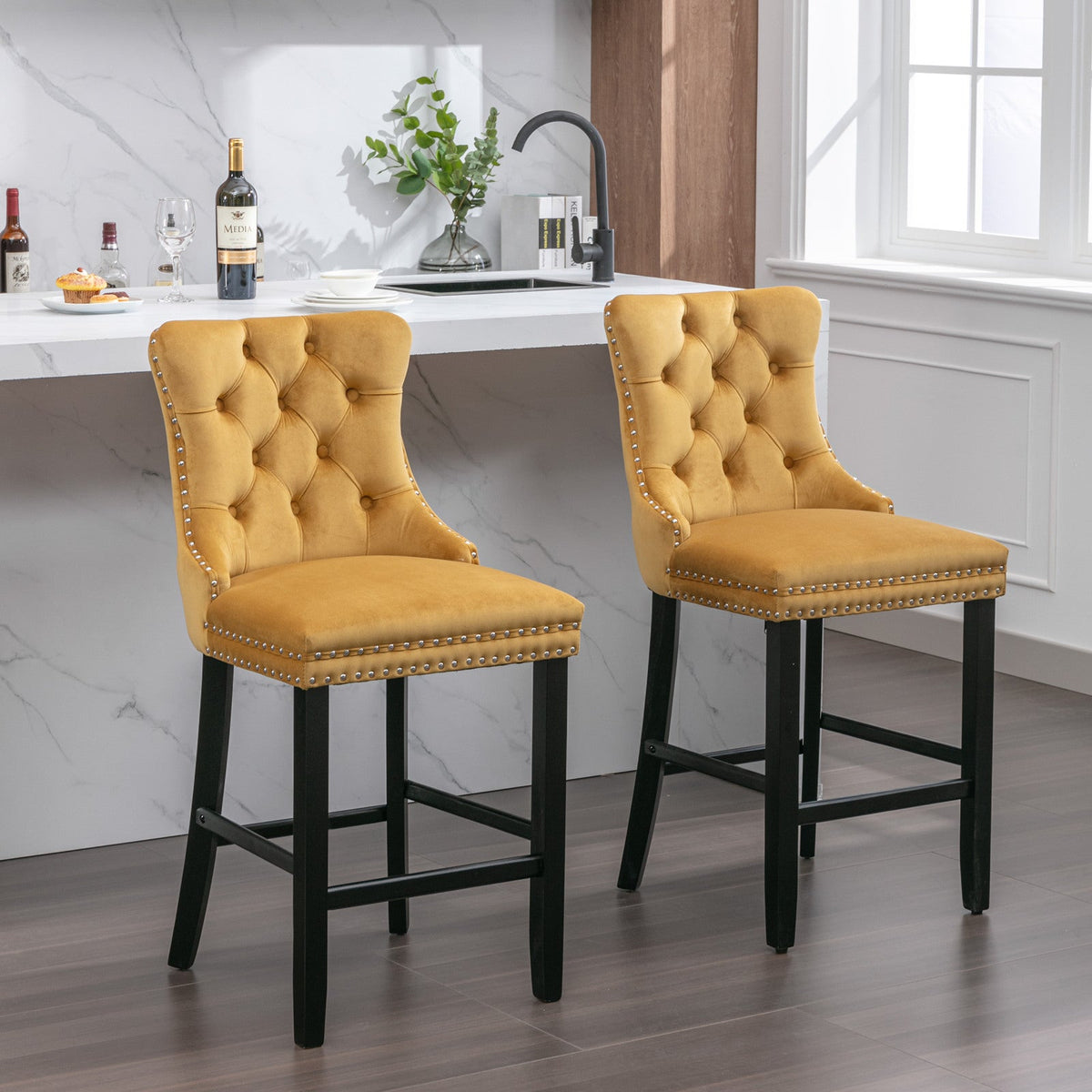 Two contemporary velvet upholstered bar stool(gold) - KiKiUMi