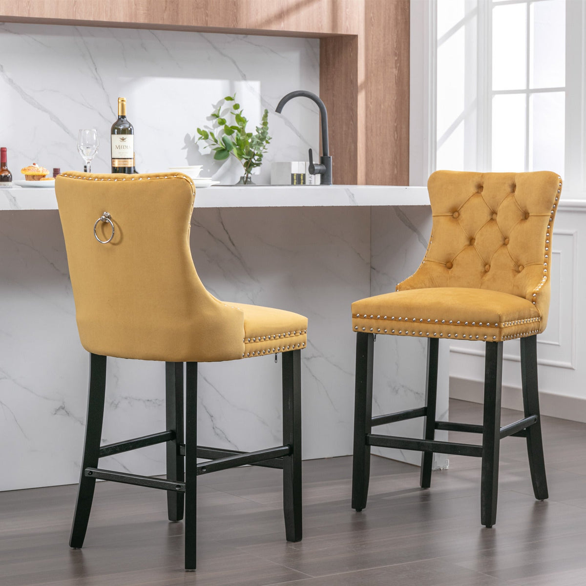 Two contemporary velvet upholstered bar stool(gold) - KiKiUMi