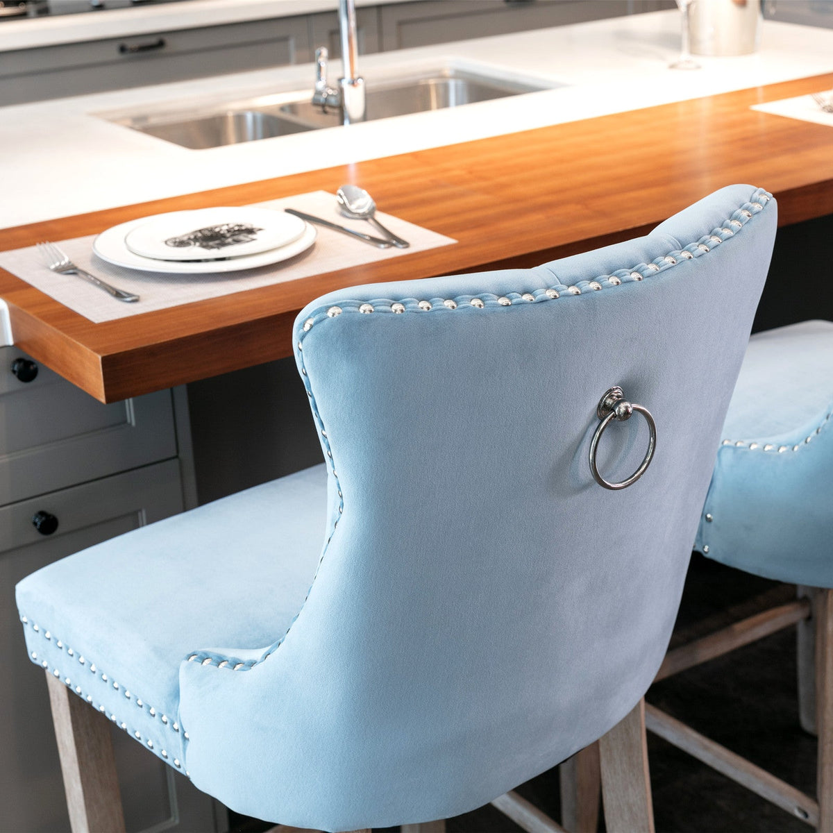Two contemporary velvet upholstered bar stool(light Blue) - KiKiUMi