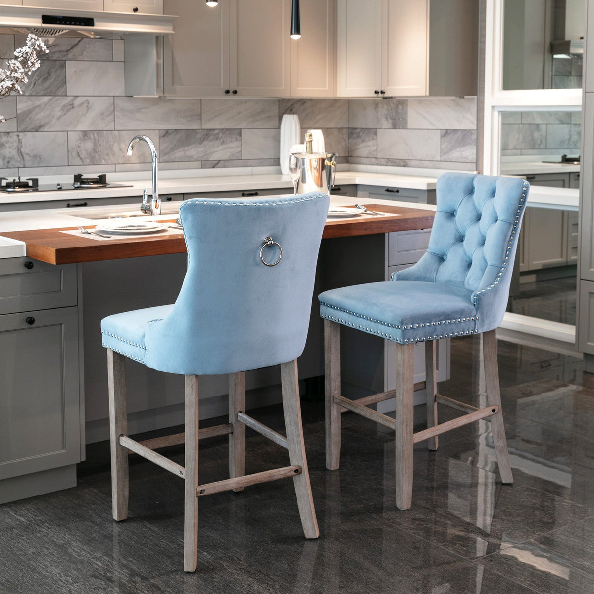 Two contemporary velvet upholstered bar stool(light Blue) - KiKiUMi