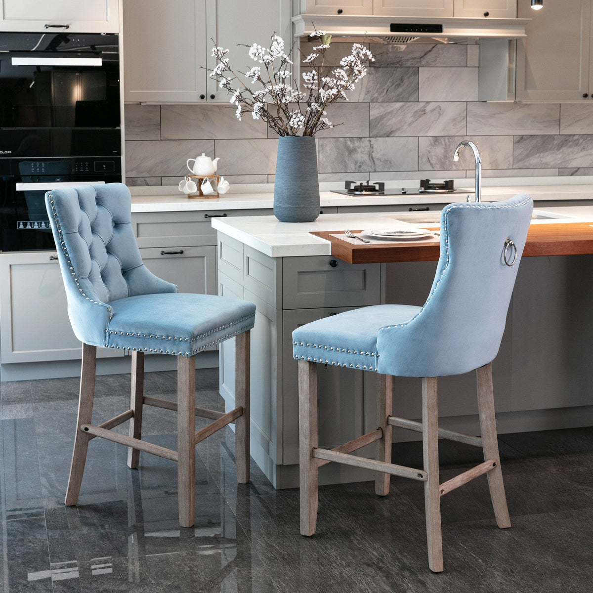 Two contemporary velvet upholstered bar stool(light Blue) - KiKiUMi