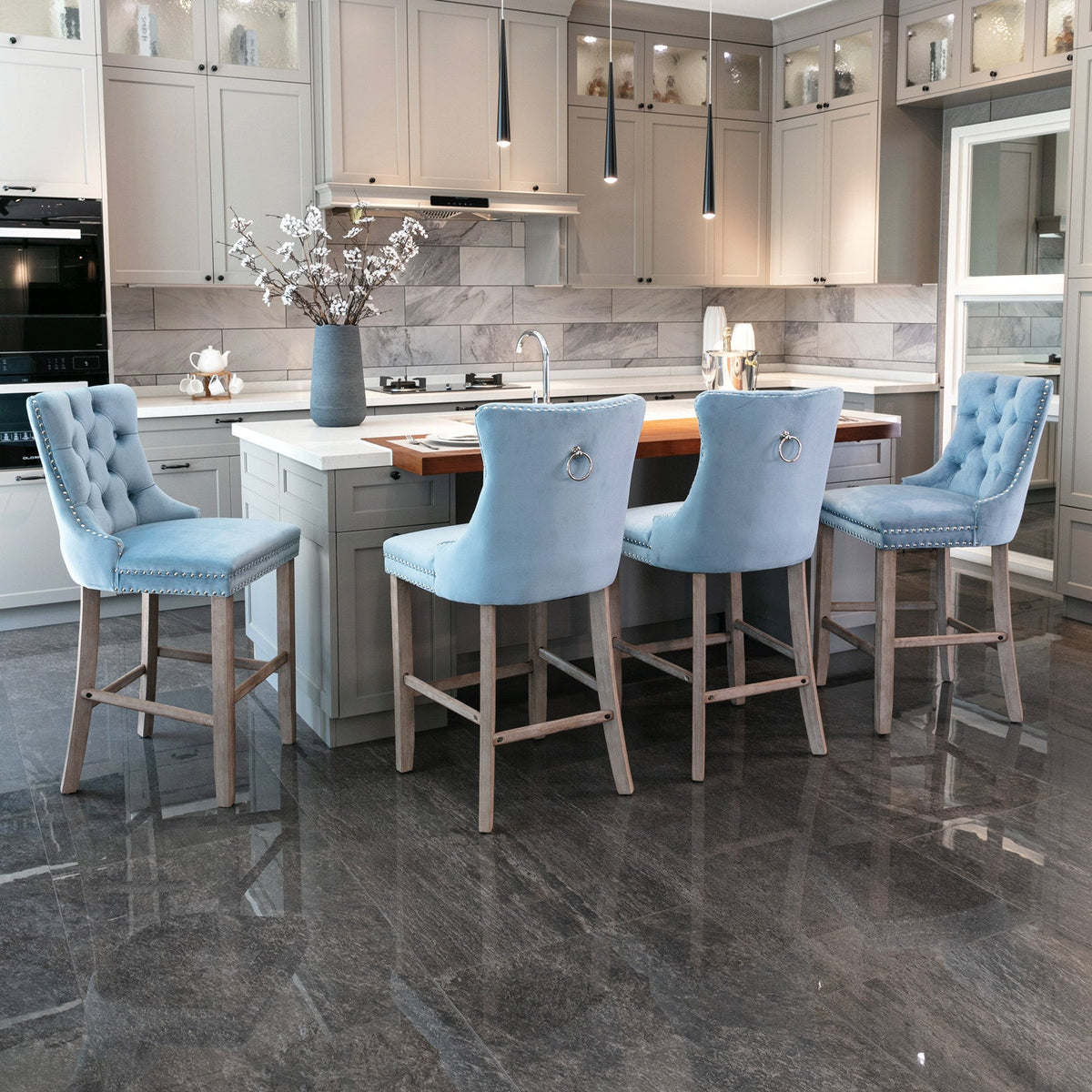 Two contemporary velvet upholstered bar stool(light Blue) - KiKiUMi