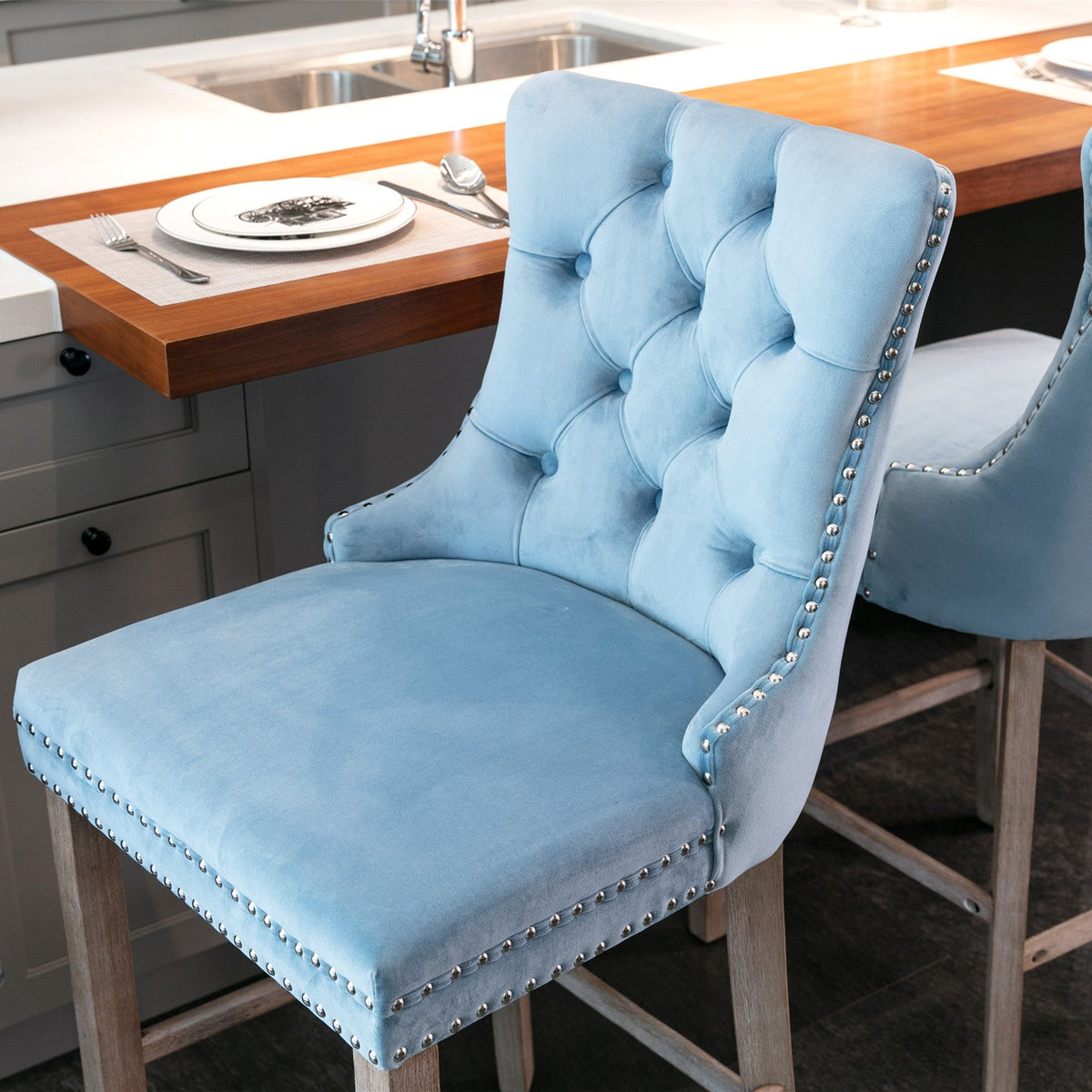 Two contemporary velvet upholstered bar stool(light Blue) - KiKiUMi