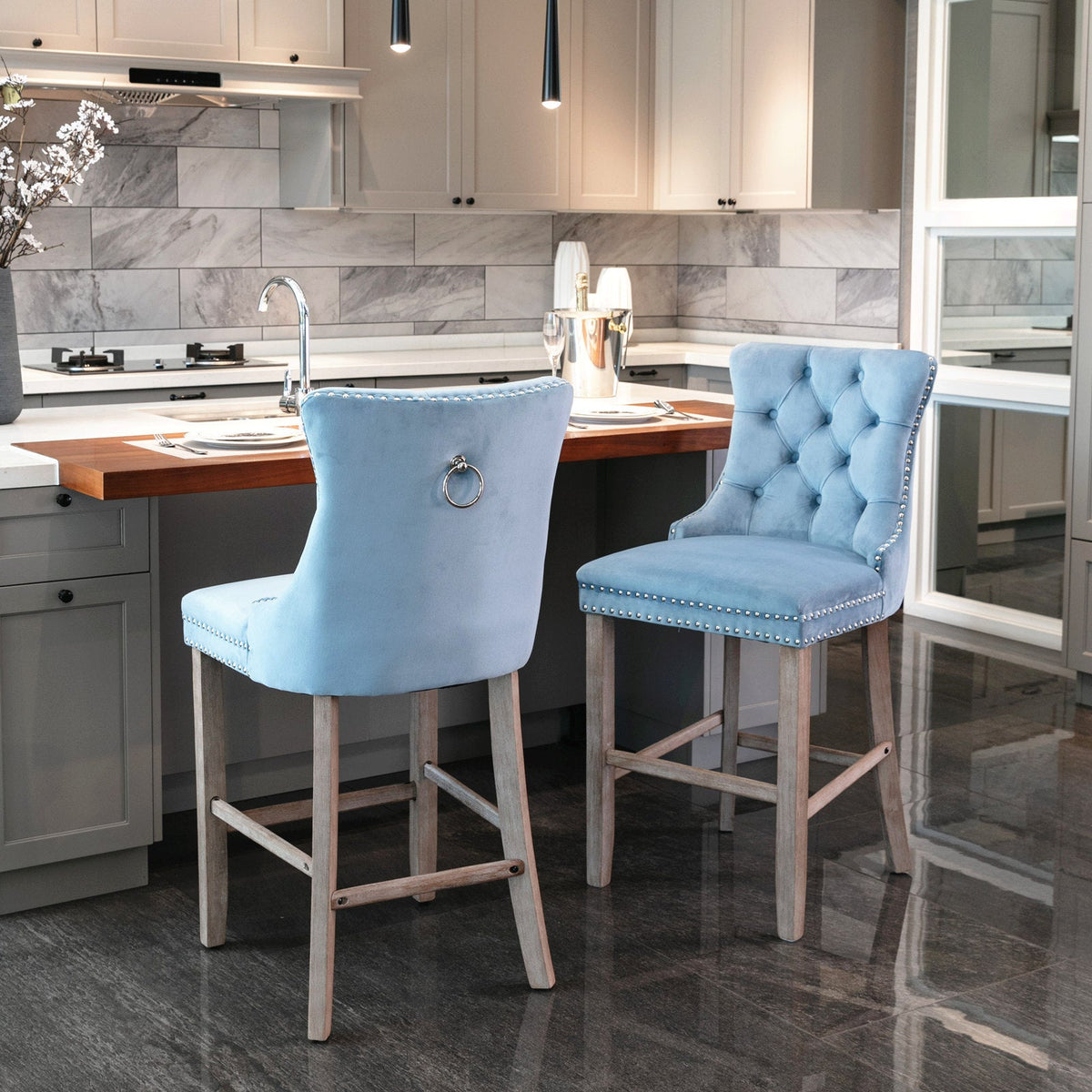 Two contemporary velvet upholstered bar stool(light Blue) - KiKiUMi