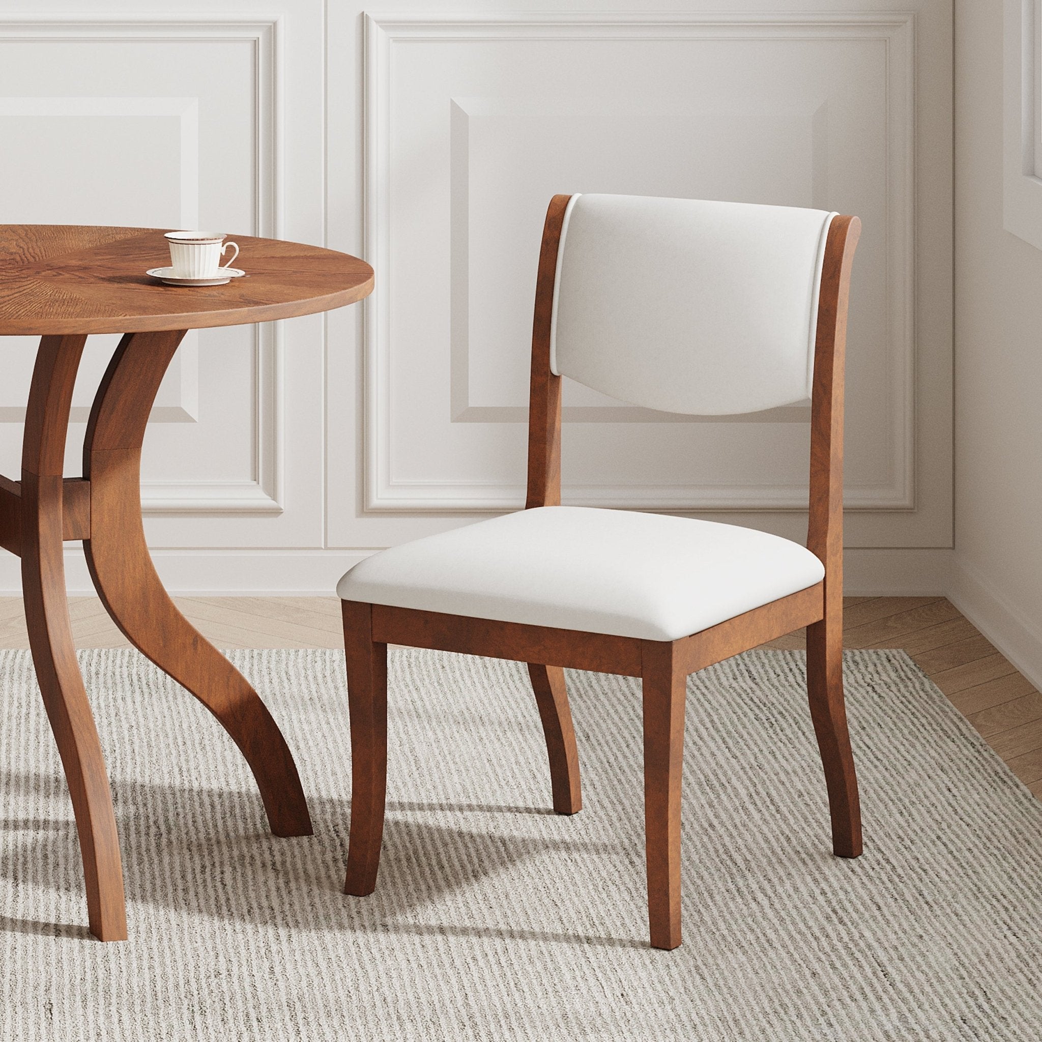 Two elegant curved upholstered dining chairs（white+walnut） - KiKiUMi