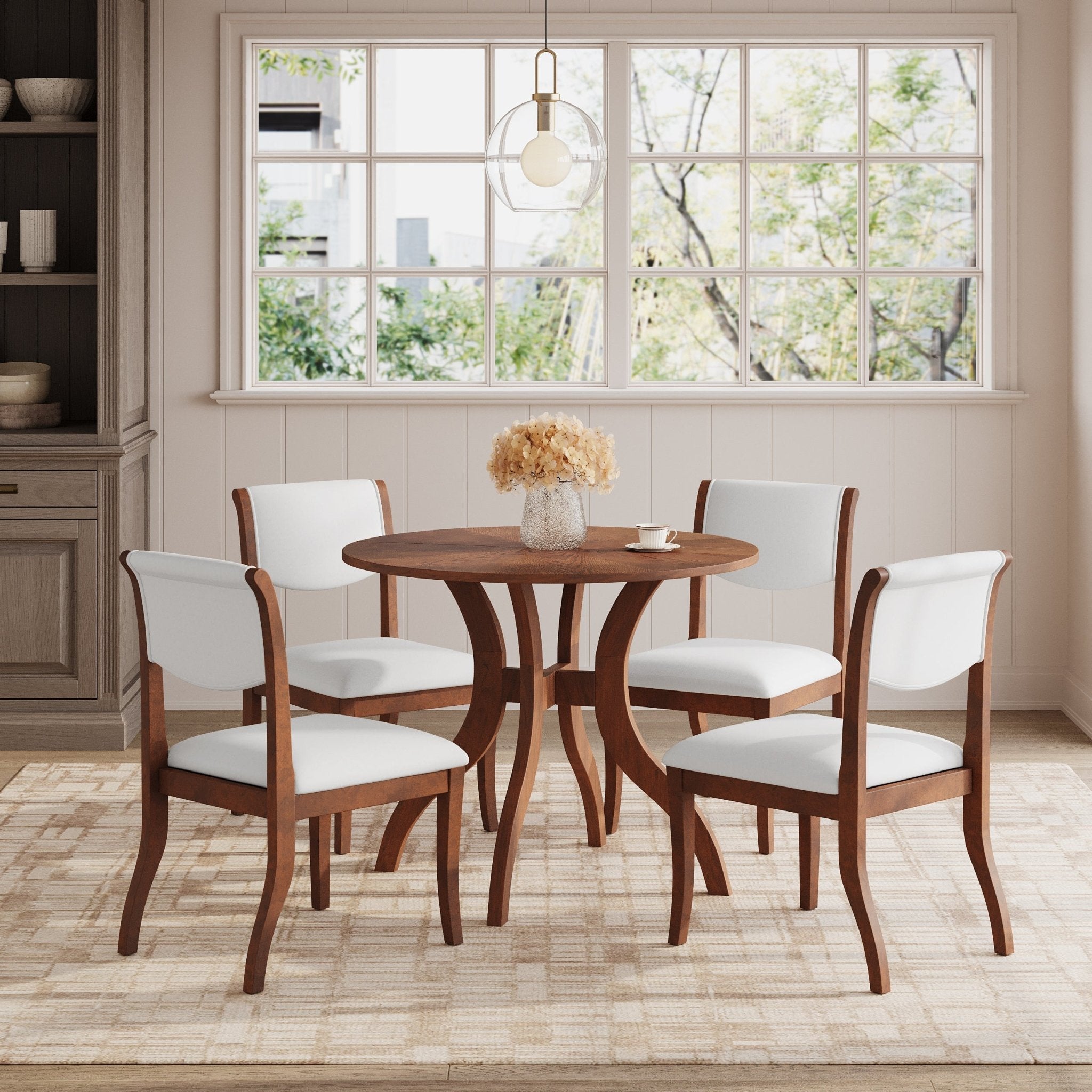 Two elegant curved upholstered dining chairs（white+walnut） - KiKiUMi