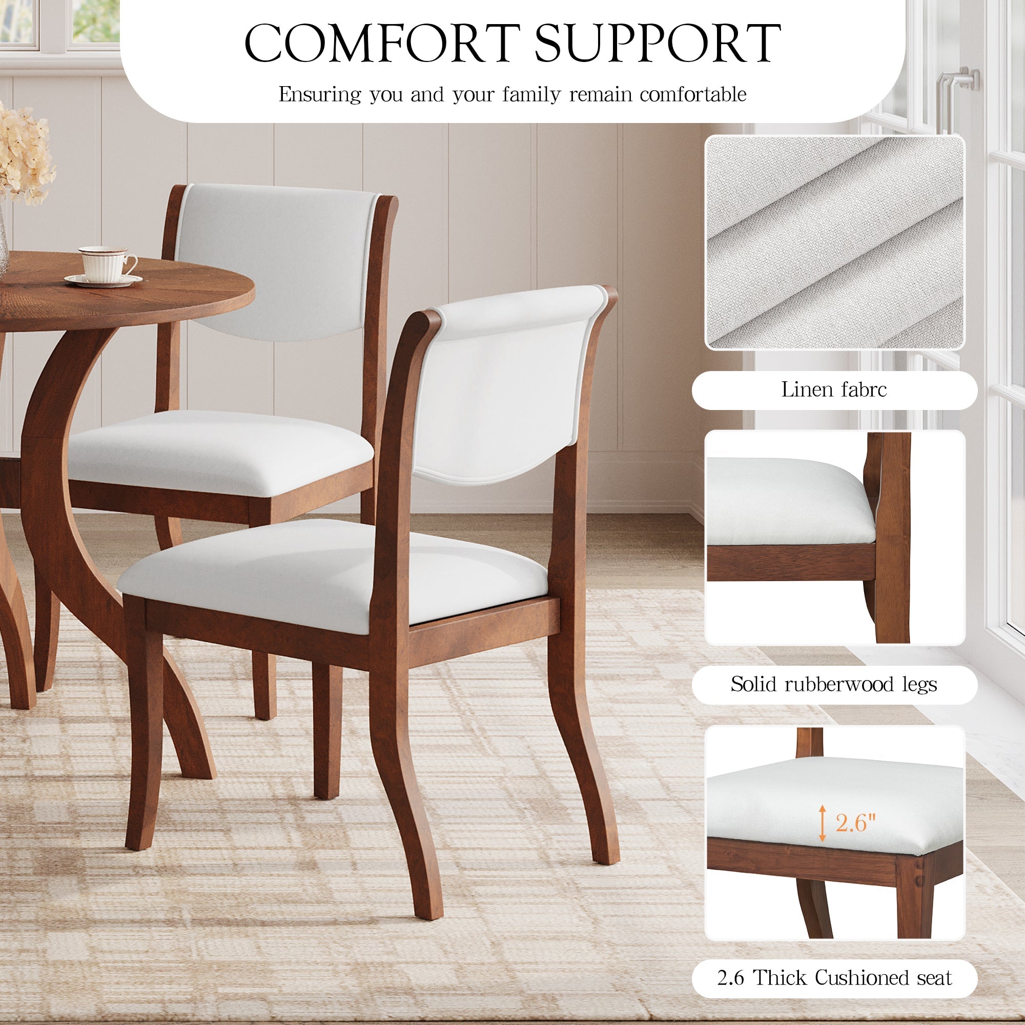 Two elegant curved upholstered dining chairs（white+walnut） - KiKiUMi