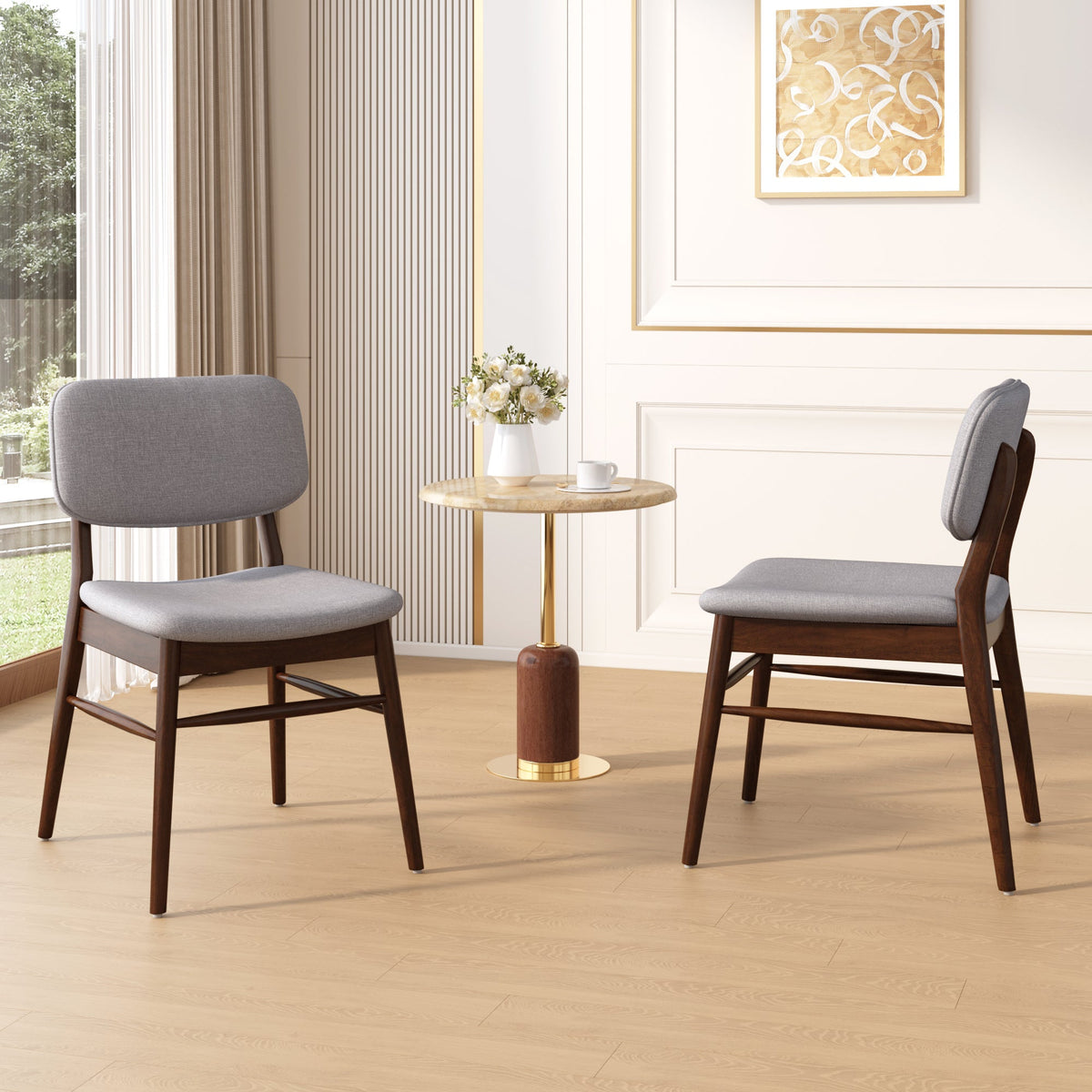 Two mid-century upholded dining chairs (walnut wood + light grey) - KiKiUMi