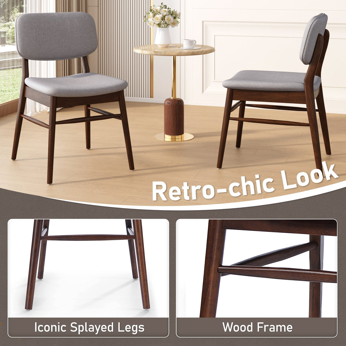 Two mid-century upholded dining chairs (walnut wood + light grey) - KiKiUMi