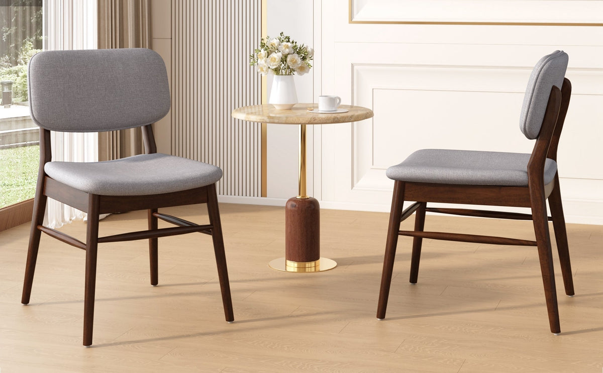 Two mid-century upholded dining chairs (walnut wood + light grey) - KiKiUMi