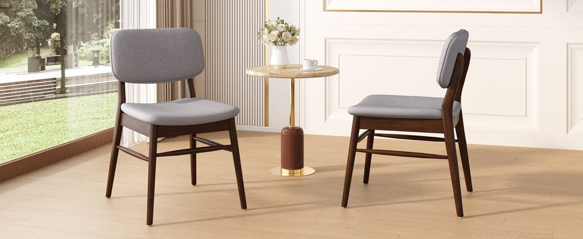 Two mid-century upholded dining chairs (walnut wood + light grey) - KiKiUMi