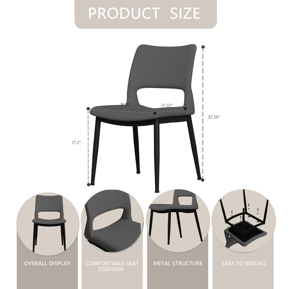 Two modern and simple PU leather dining chairs（grey） - KiKiUMi