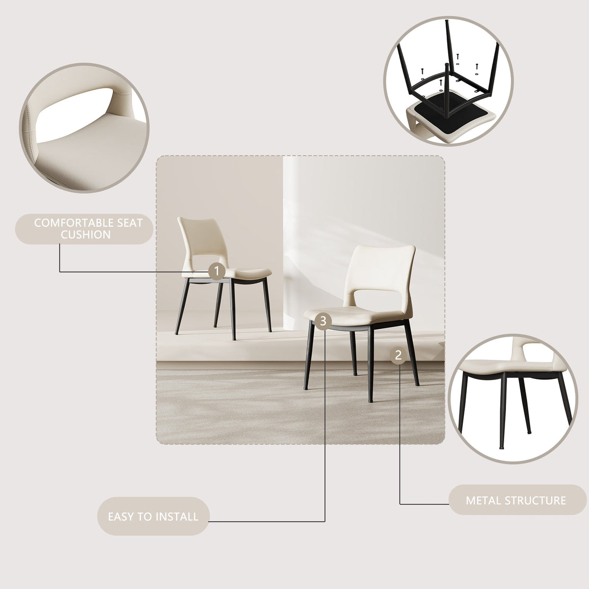 Two modern and simple PU leather dining chairs（white） - KiKiUMi