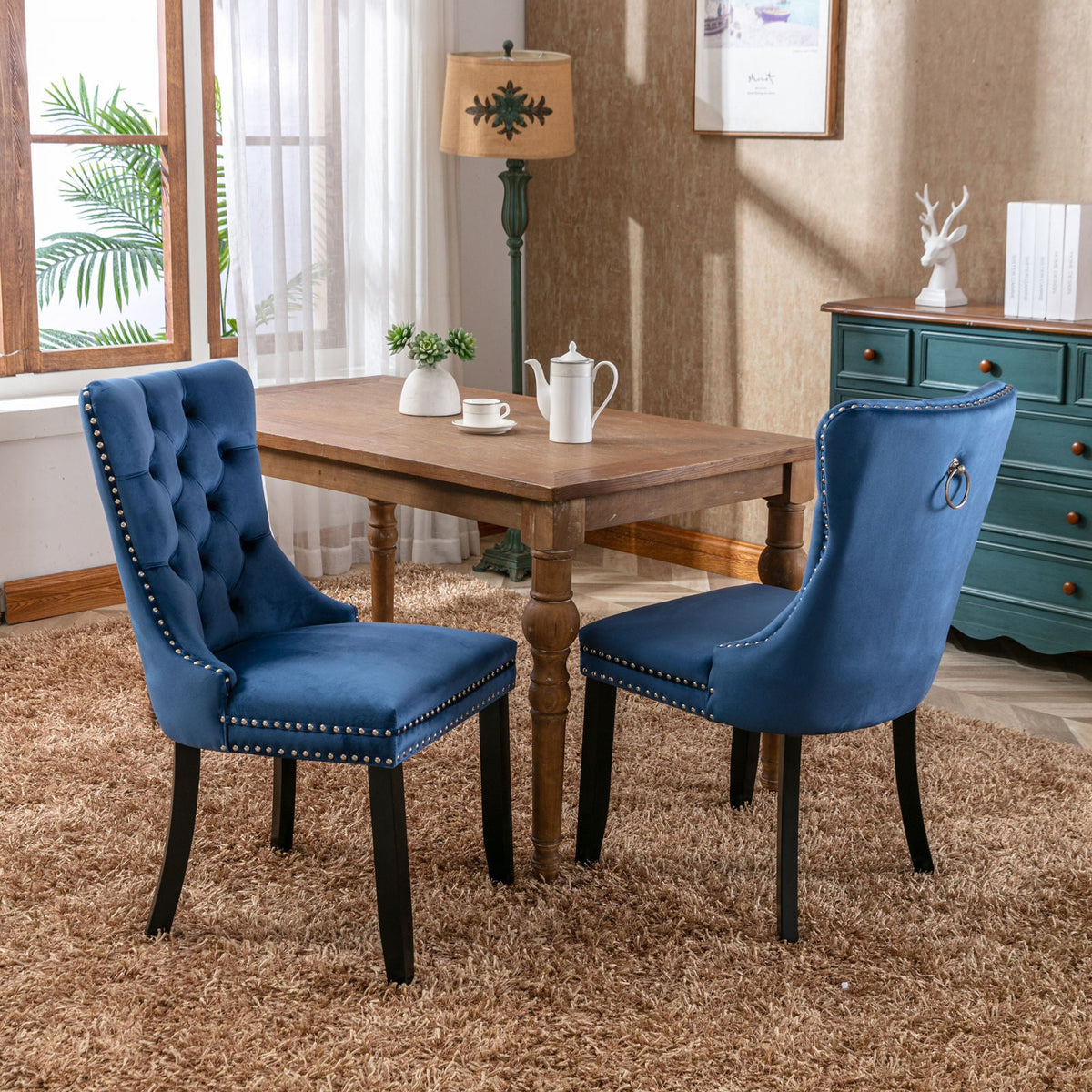 Two-piece velvet upholstered bar stool set (blue) - KiKiUMi
