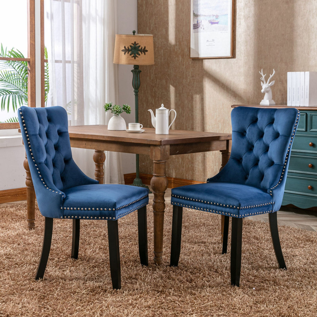 Two-piece velvet upholstered bar stool set (blue) - KiKiUMi