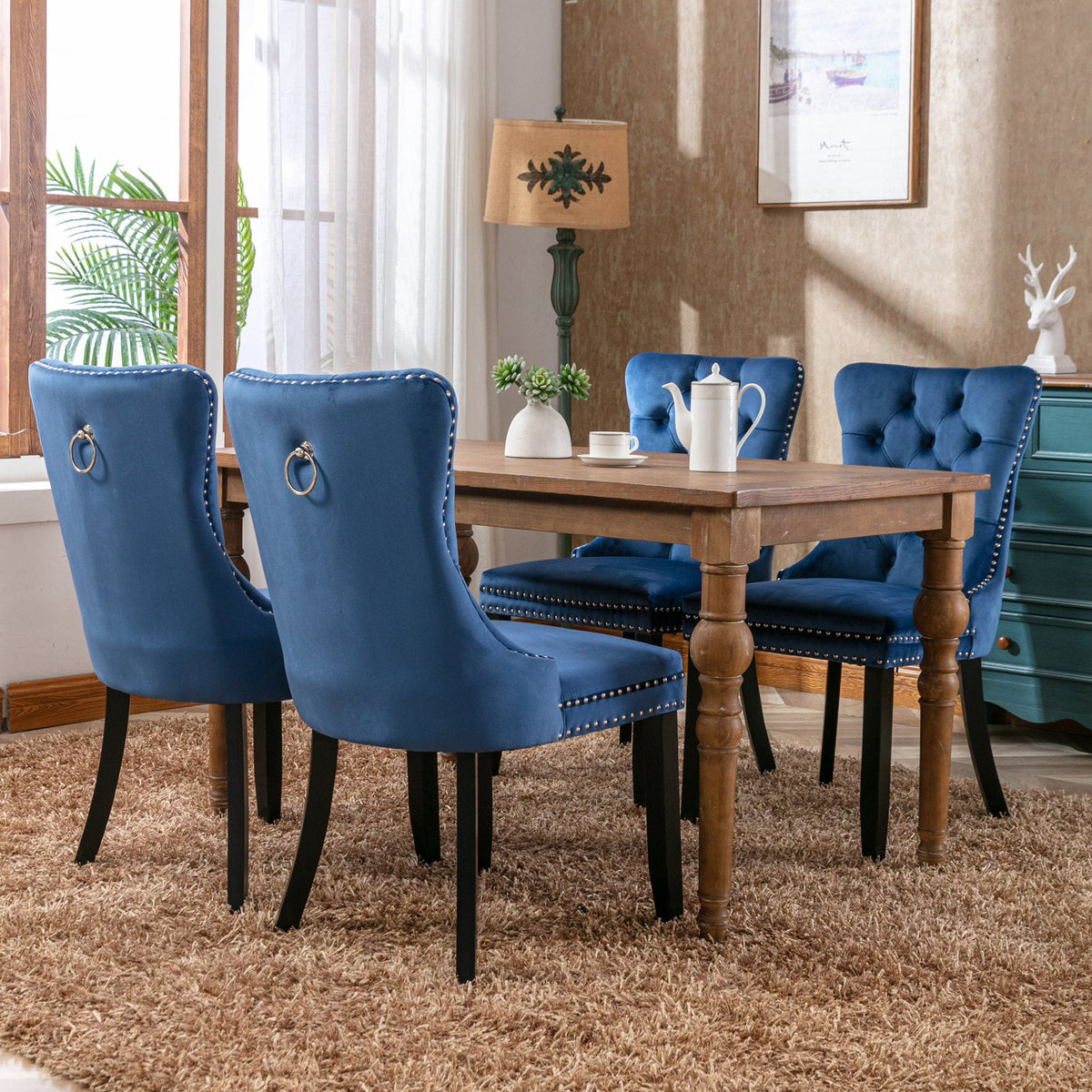 Two-piece velvet upholstered bar stool set (blue) - KiKiUMi