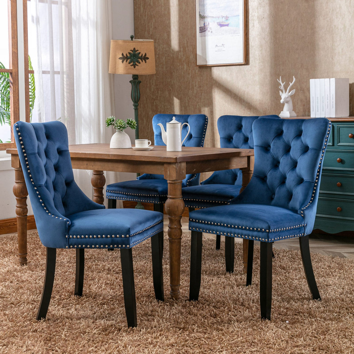Two-piece velvet upholstered bar stool set (blue) - KiKiUMi