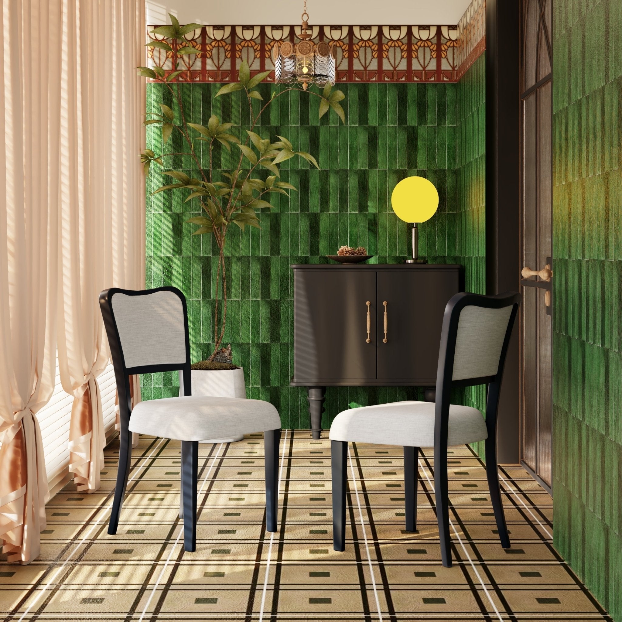 Two traditional curved black walnut veneered upholstered dining chairs（beige+black） - KiKiUMi