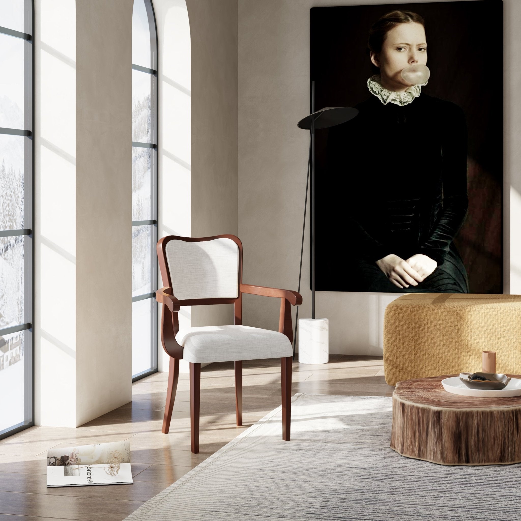 Two traditional curved walnut veneered upholstered dining chairs（beige,walnut） - KiKiUMi