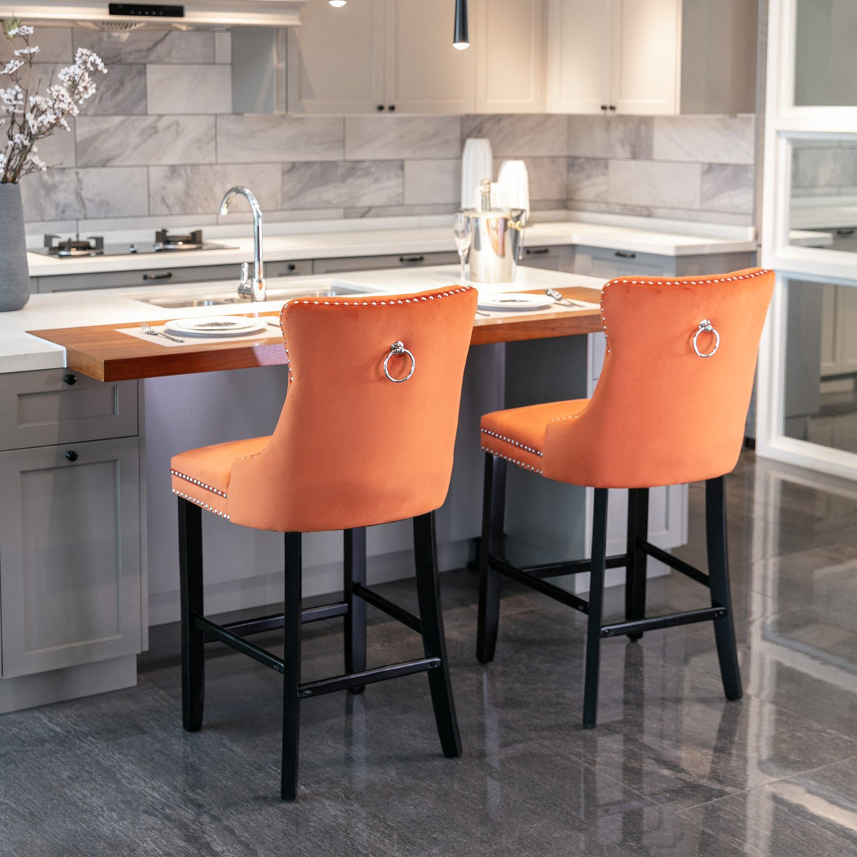 Velvet upholstered bar stool (orange) - KiKiUMi