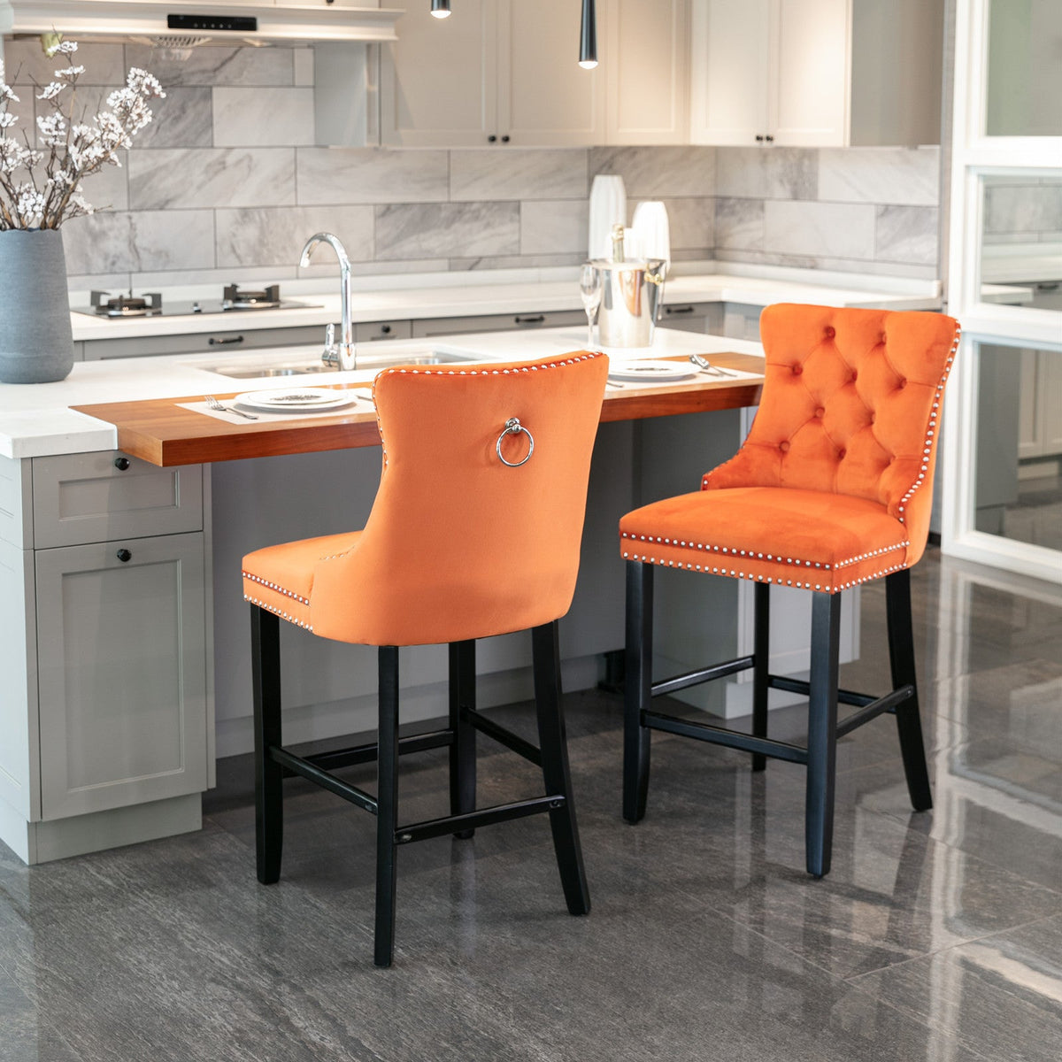 Velvet upholstered bar stool (orange) - KiKiUMi