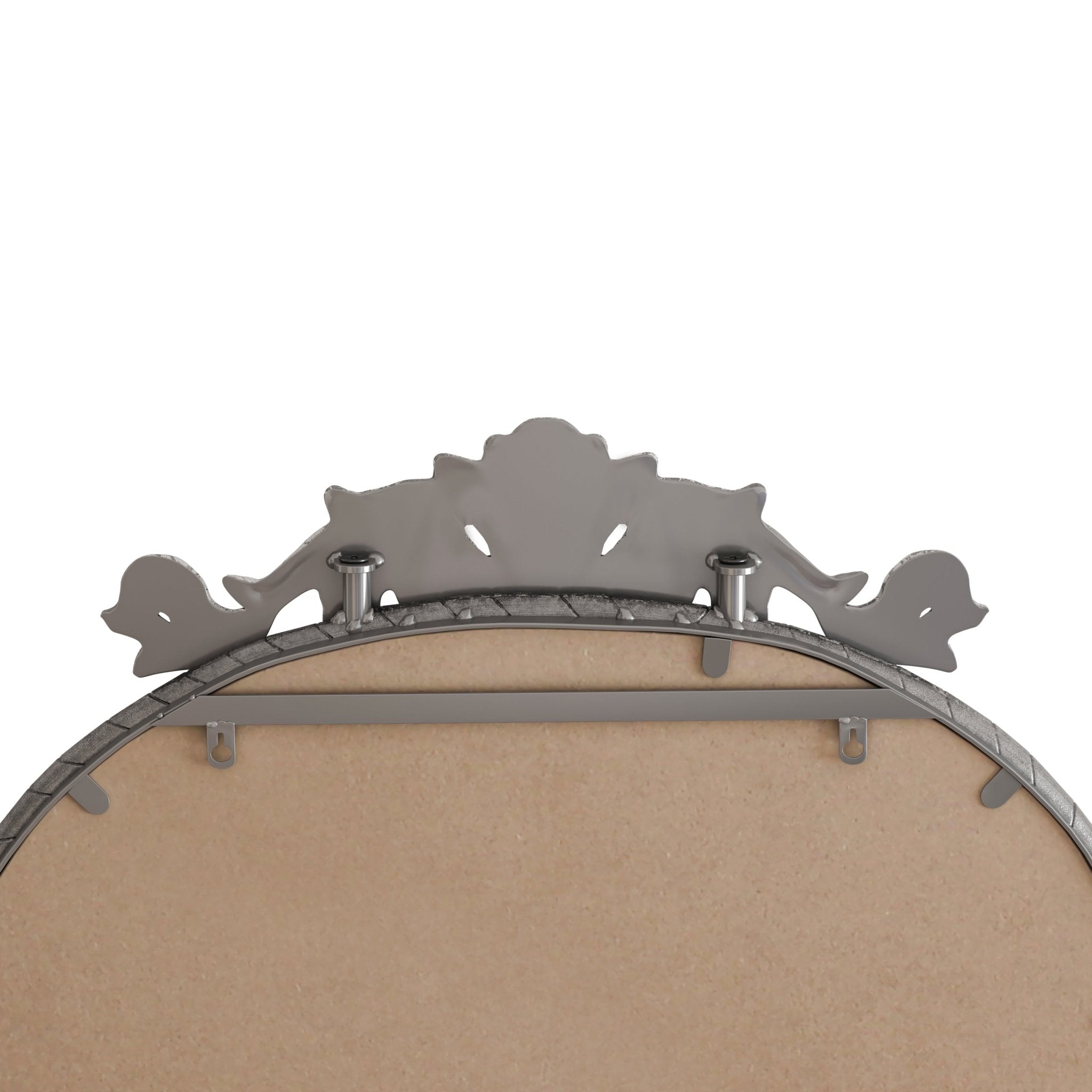 Vintage arched full - length mirror with an antique silver metal frame and engraved decals - KiKiUMi