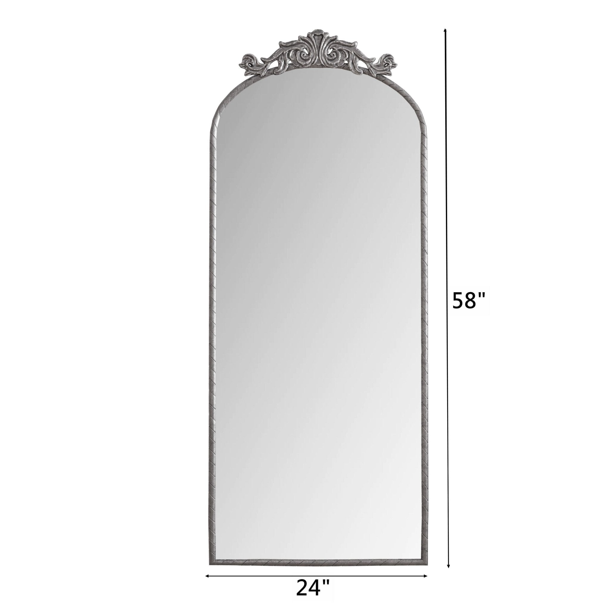 Vintage arched full - length mirror with an antique silver metal frame and engraved decals - KiKiUMi