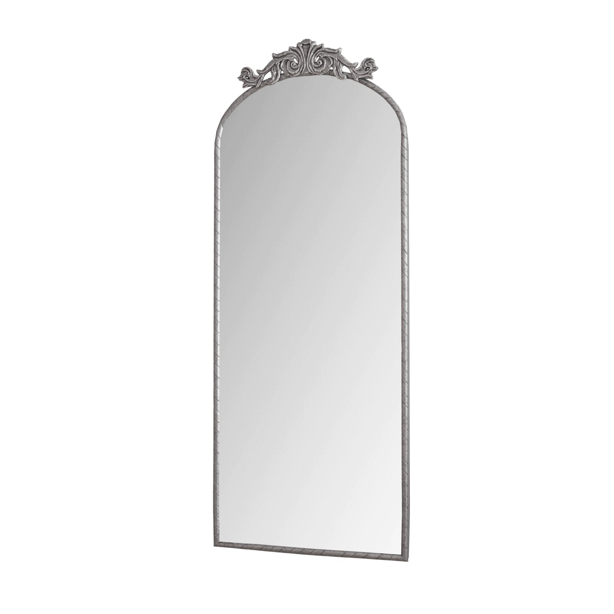 Vintage arched full - length mirror with an antique silver metal frame and engraved decals - KiKiUMi