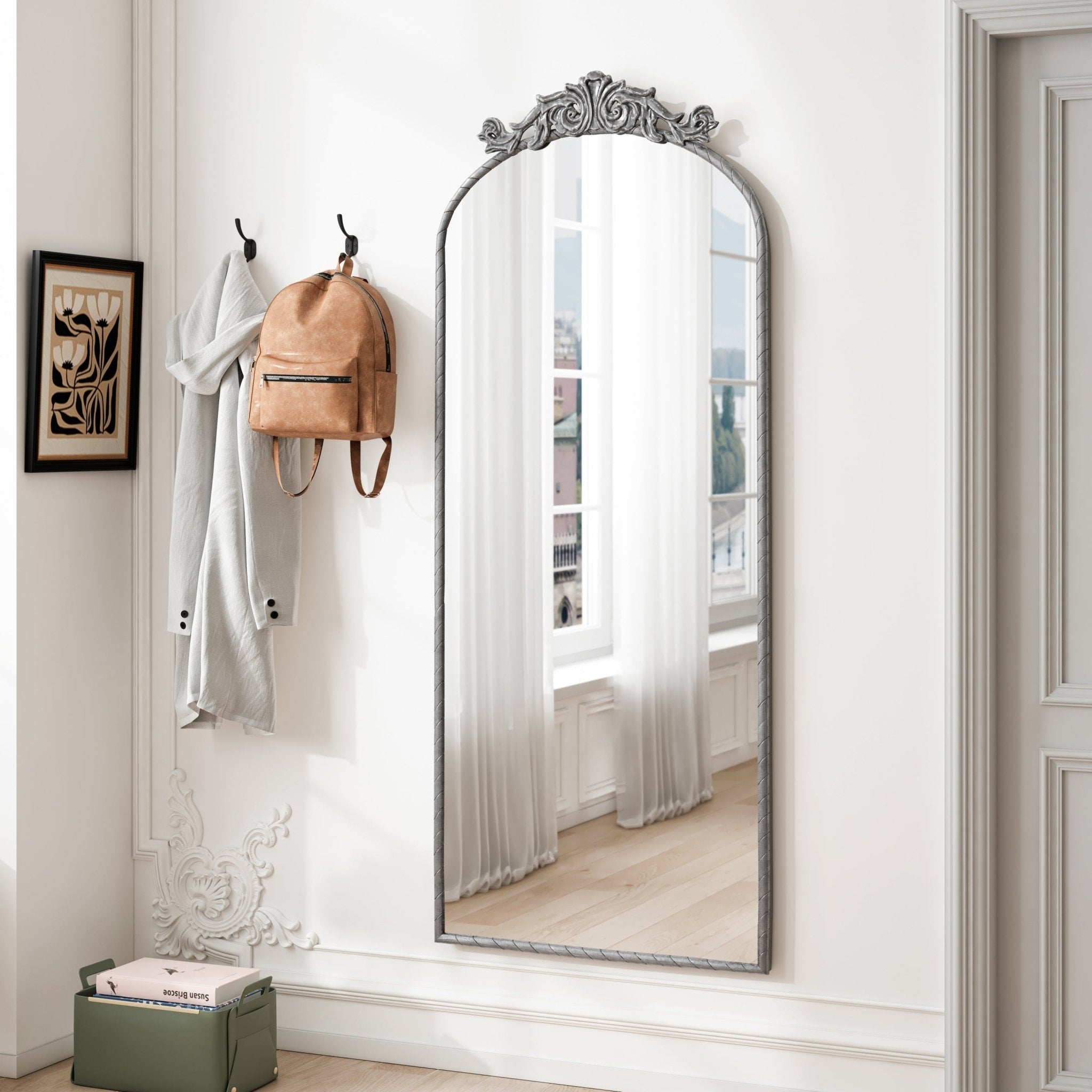 Vintage arched full - length mirror with an antique silver metal frame and engraved decals - KiKiUMi