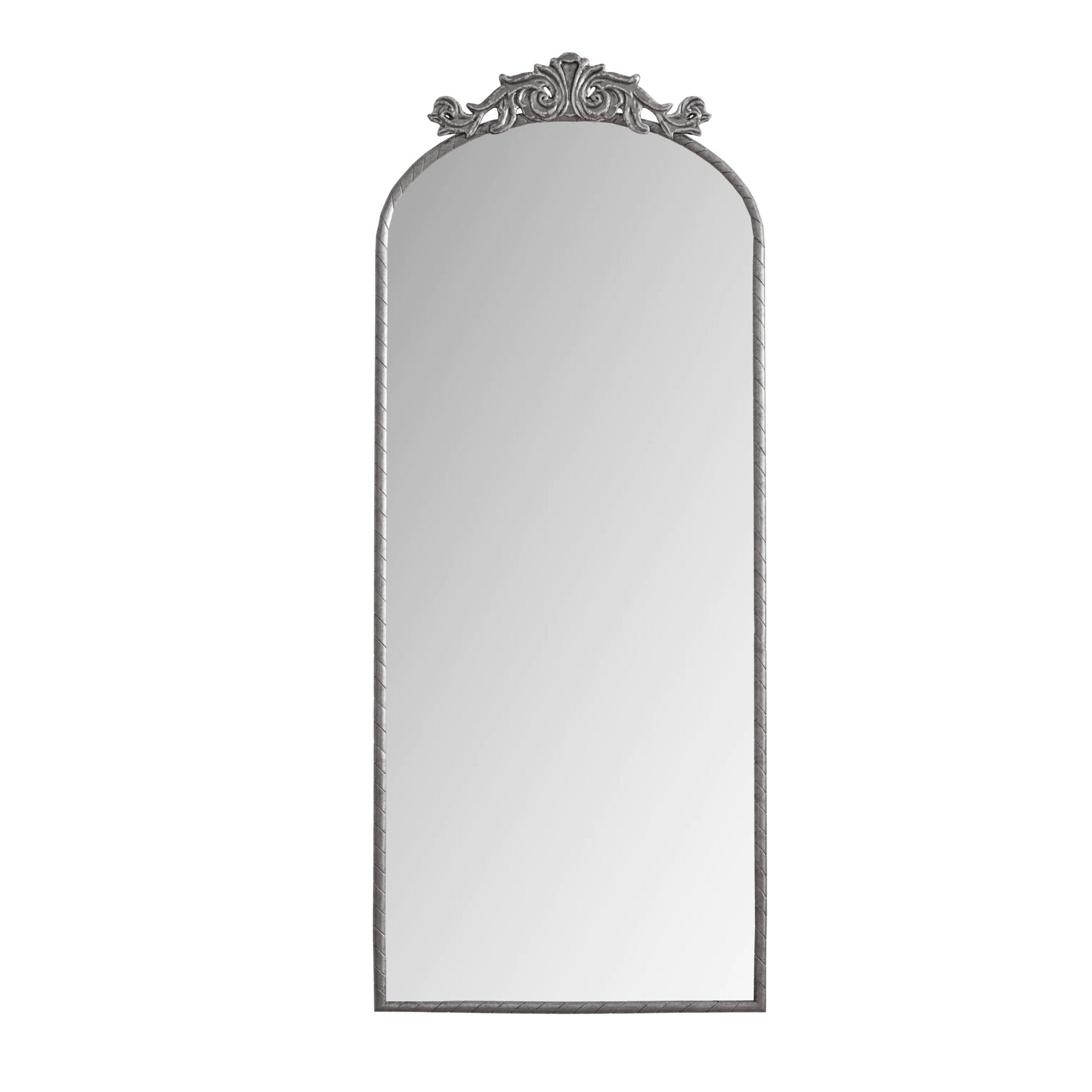 Vintage arched full - length mirror with an antique silver metal frame and engraved decals - KiKiUMi