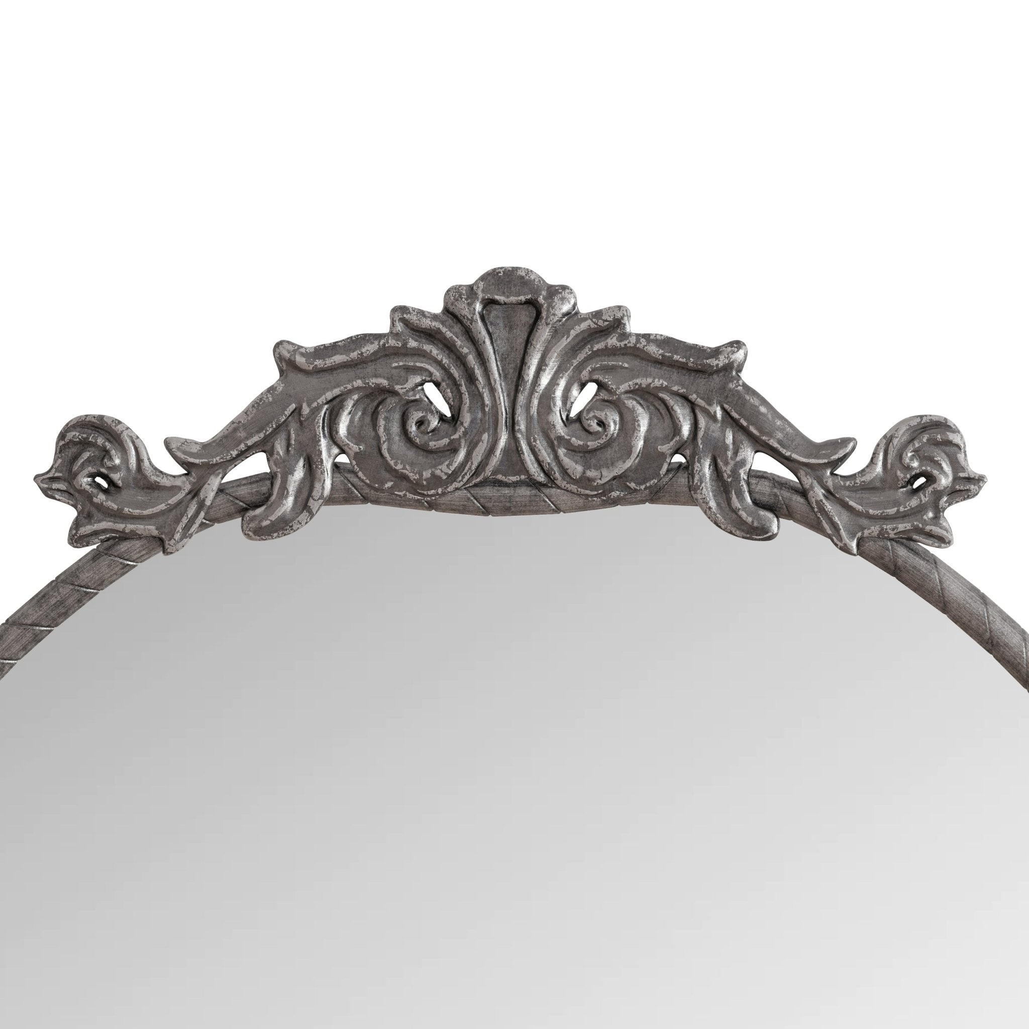 Vintage arched full - length mirror with an antique silver metal frame and engraved decals - KiKiUMi