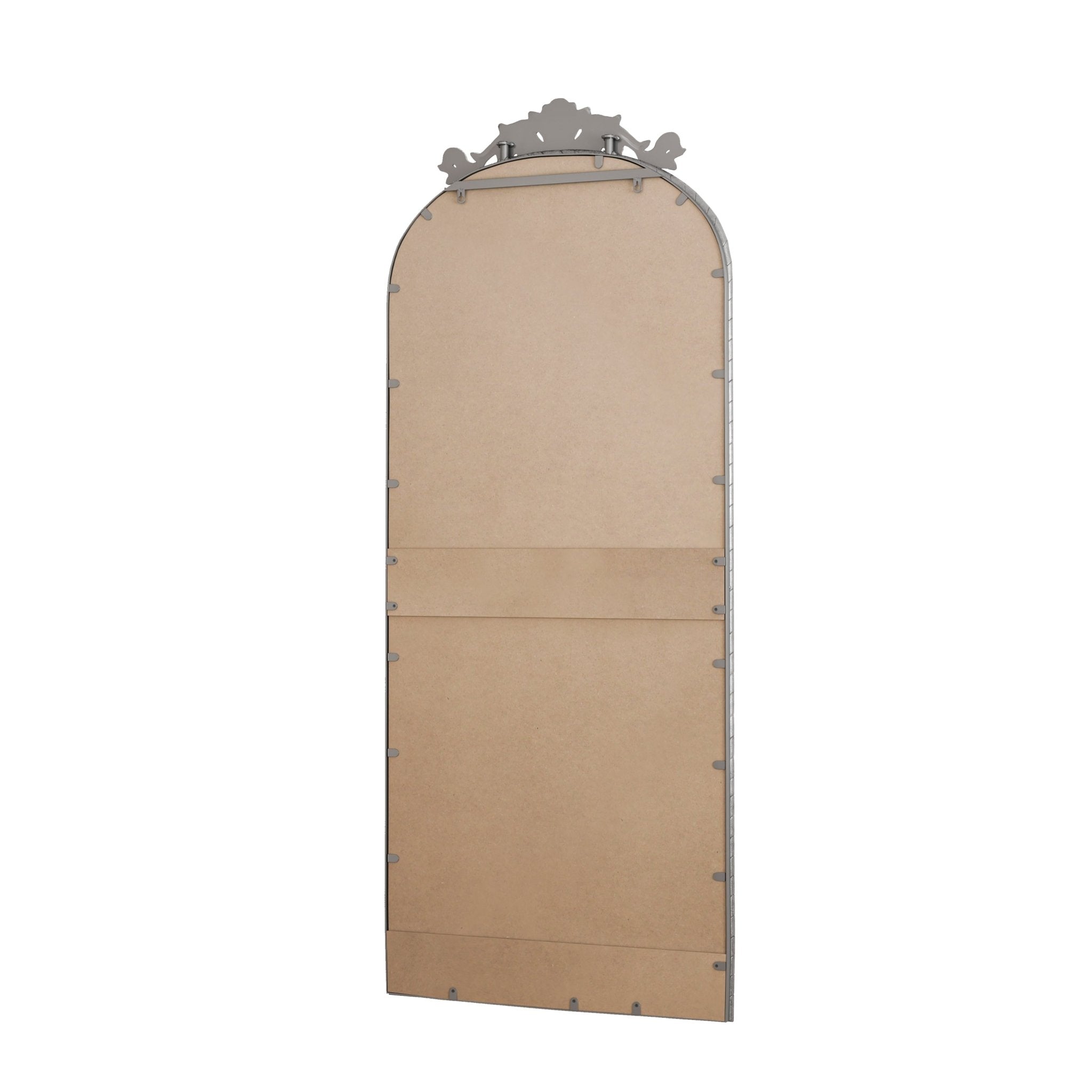 Vintage arched full - length mirror with an antique silver metal frame and engraved decals - KiKiUMi
