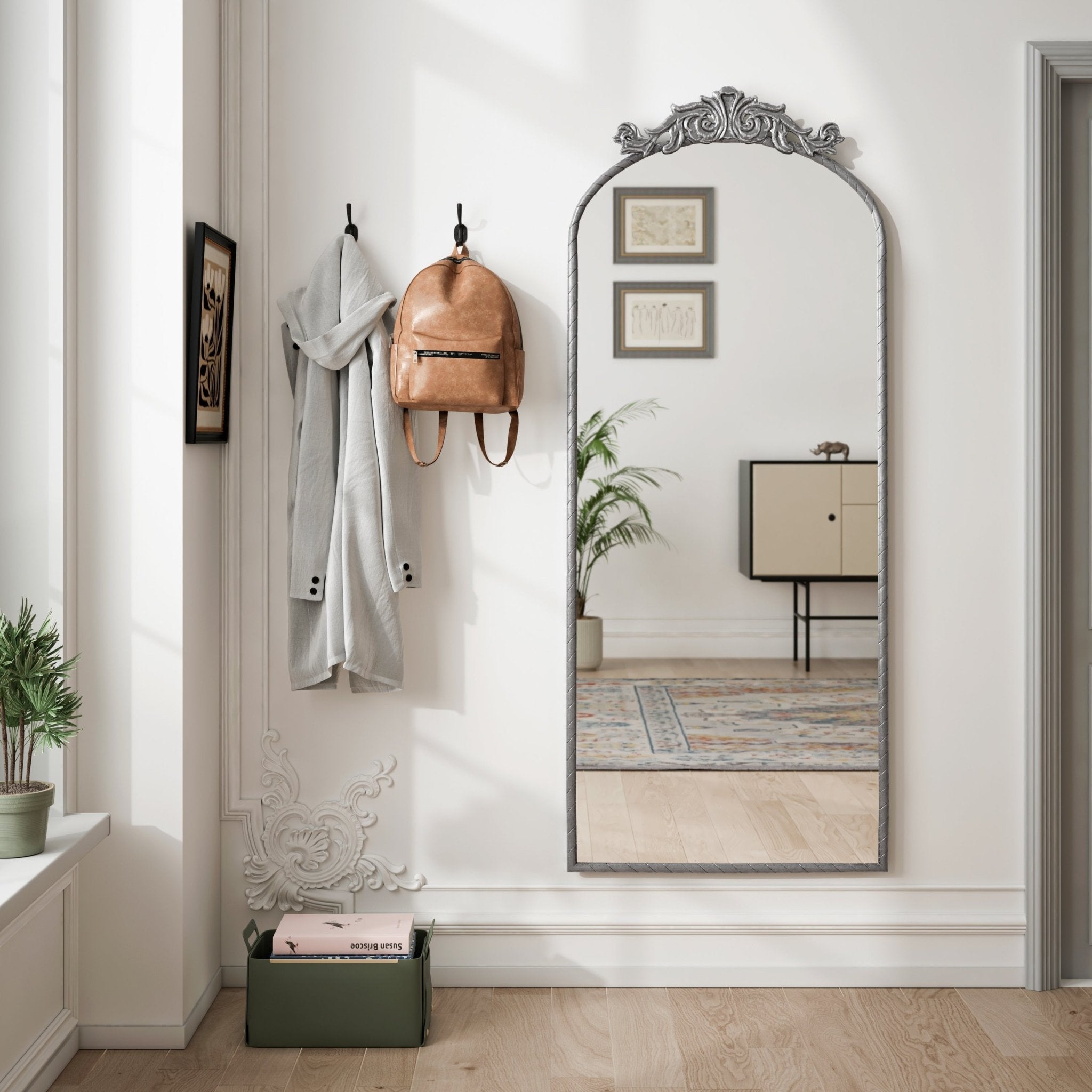 Vintage arched full - length mirror with an antique silver metal frame and engraved decals - KiKiUMi