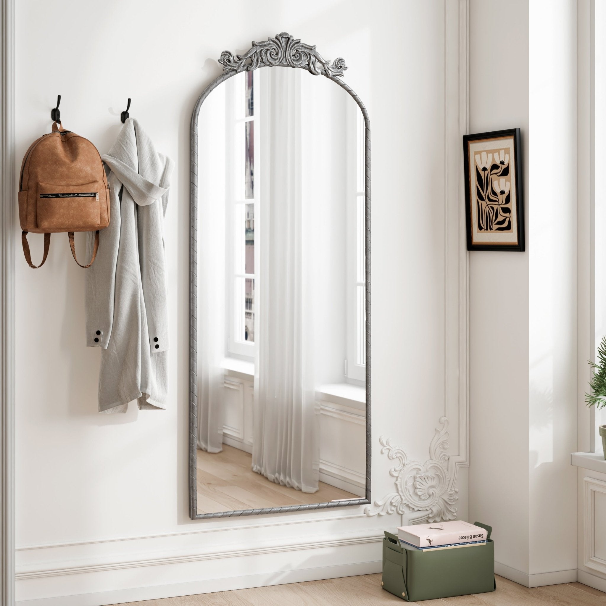 Vintage arched full - length mirror with an antique silver metal frame and engraved decals - KiKiUMi