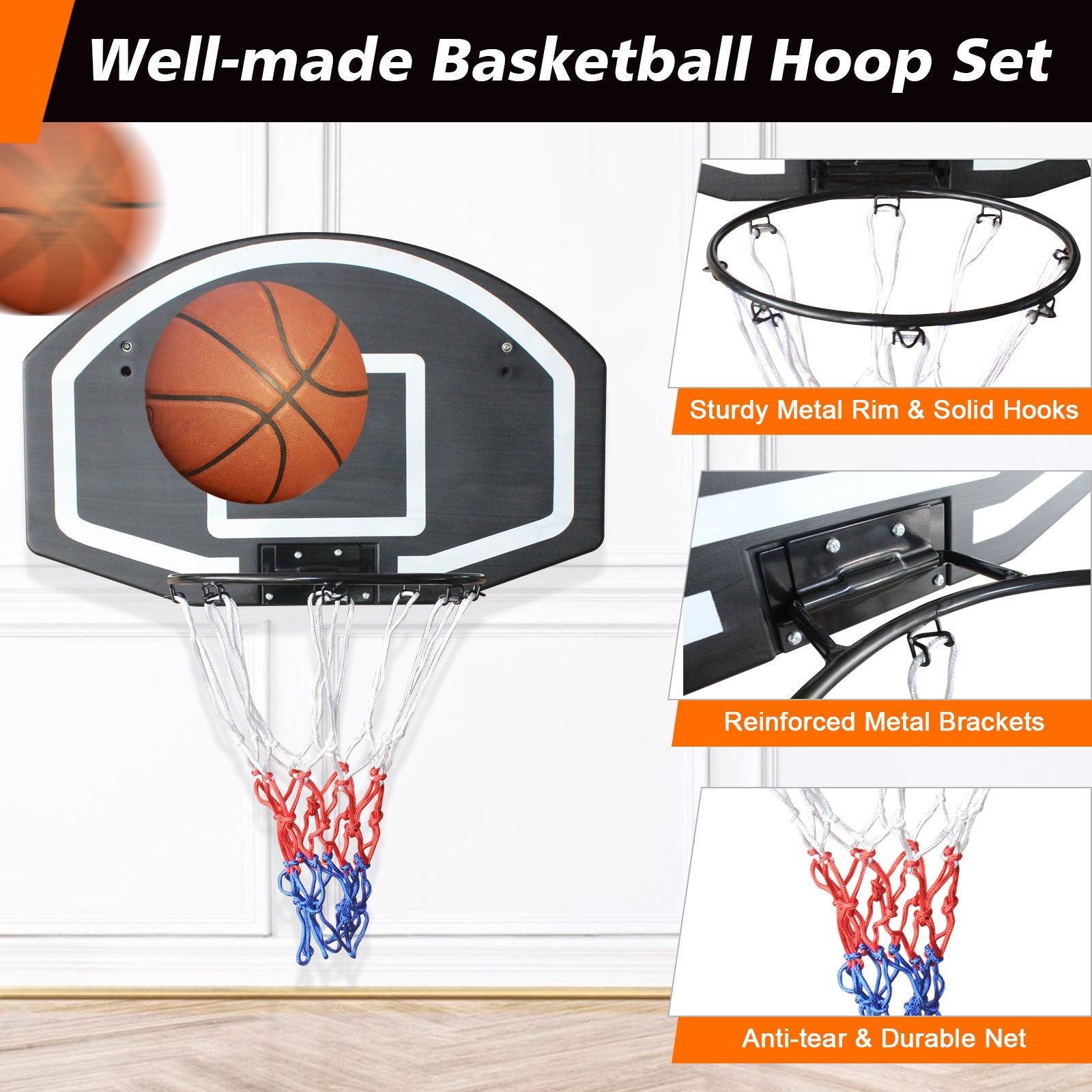 Wall - mounted basketball hoop, 28.5 x 18 - inch anti - drop back - KiKiUMi