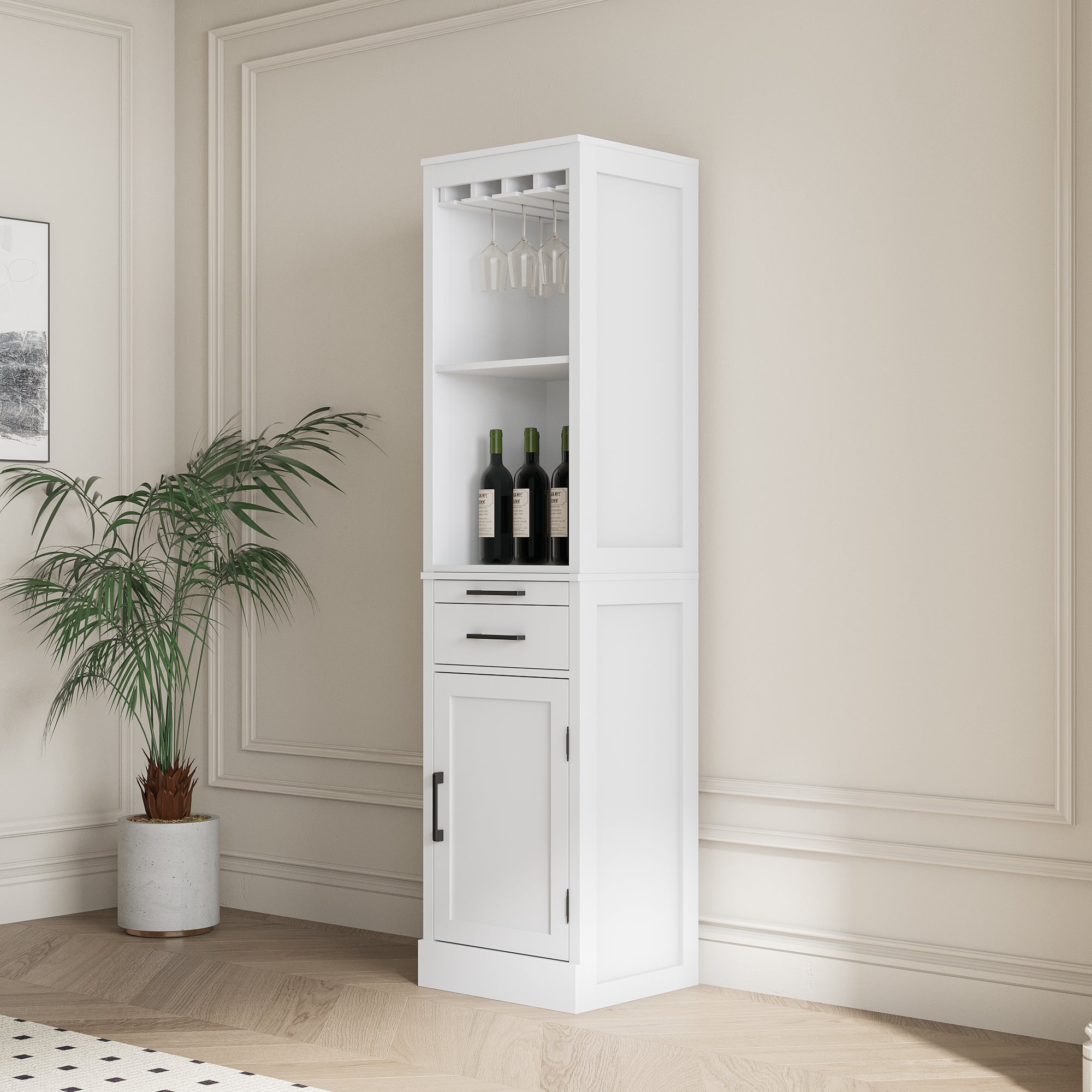 White color modular wine bar cabinet Buffet Cabinet with Hutch for Dining Room - KiKiUMi