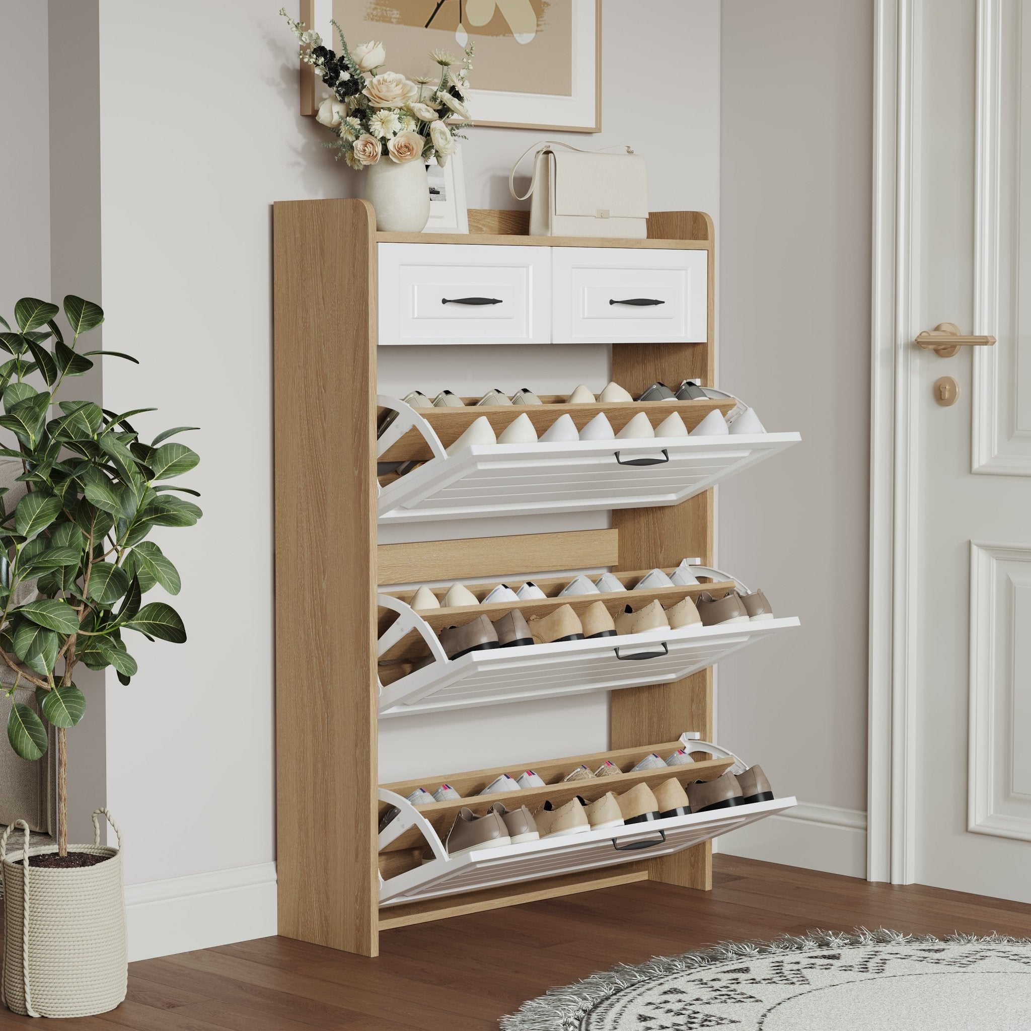 White oak-colored shoe cabinet, 3 doors and 2 drawers - KiKiUMi