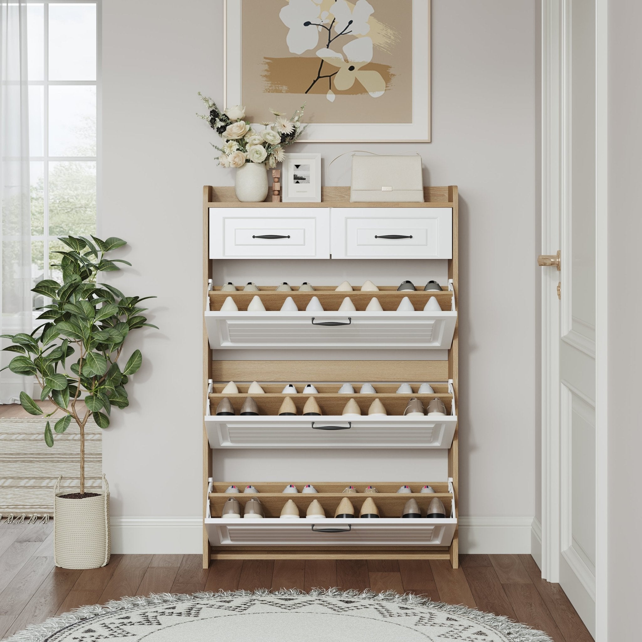 White oak-colored shoe cabinet, 3 doors and 2 drawers - KiKiUMi