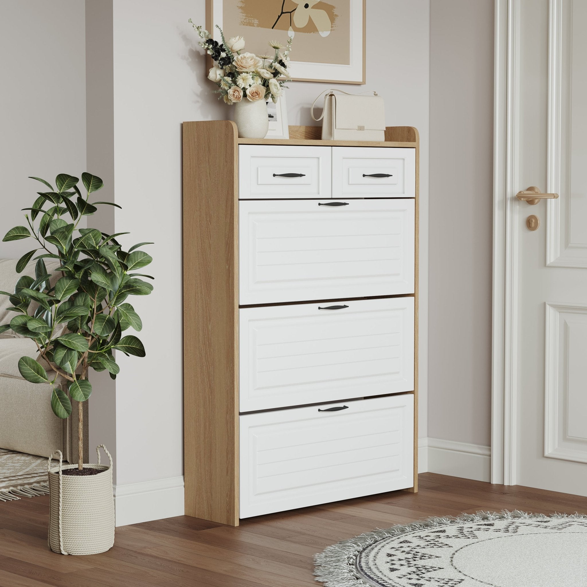 White oak-colored shoe cabinet, 3 doors and 2 drawers - KiKiUMi