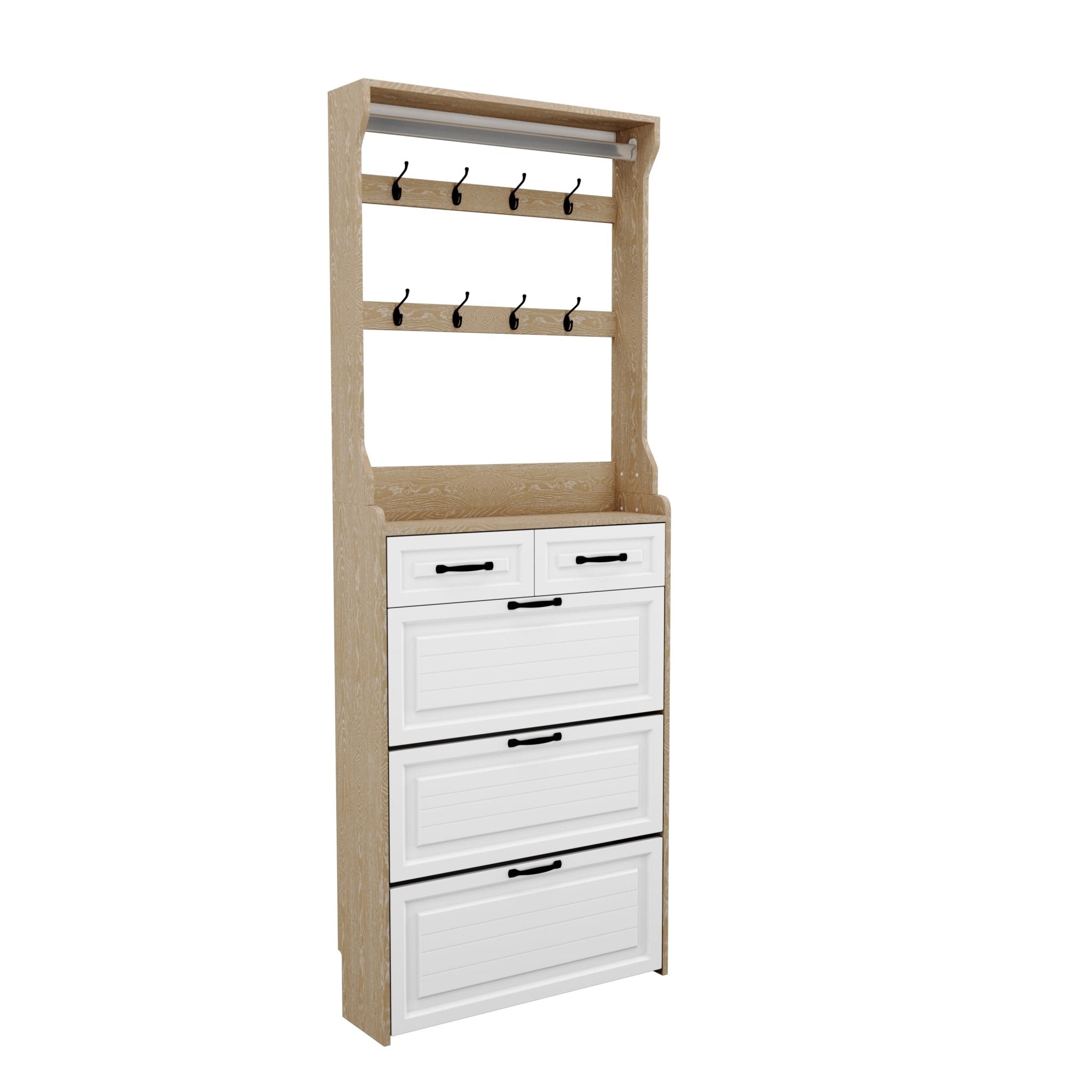 White shoe cabinet, 3 doors and 2 drawers with clothes hangers - KiKiUMi