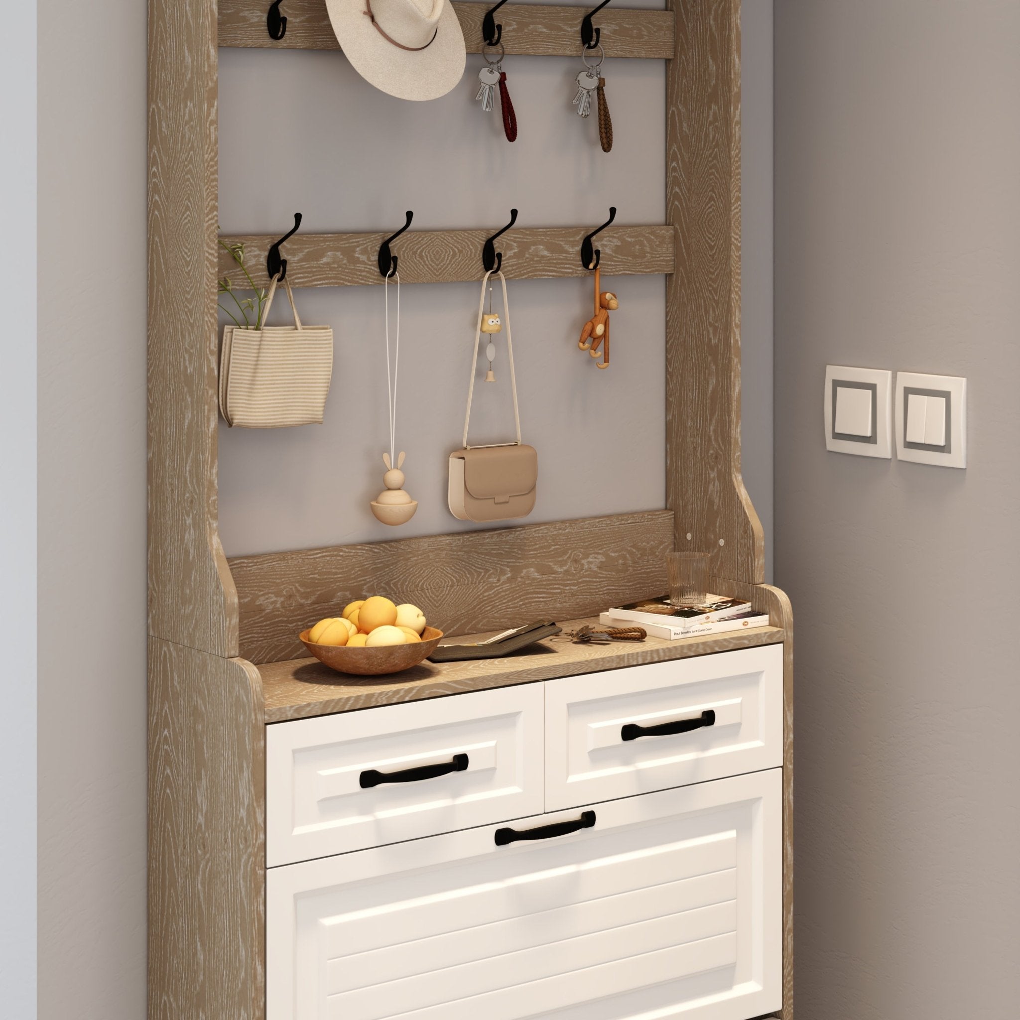 White shoe cabinet, 3 doors and 2 drawers with clothes hangers - KiKiUMi