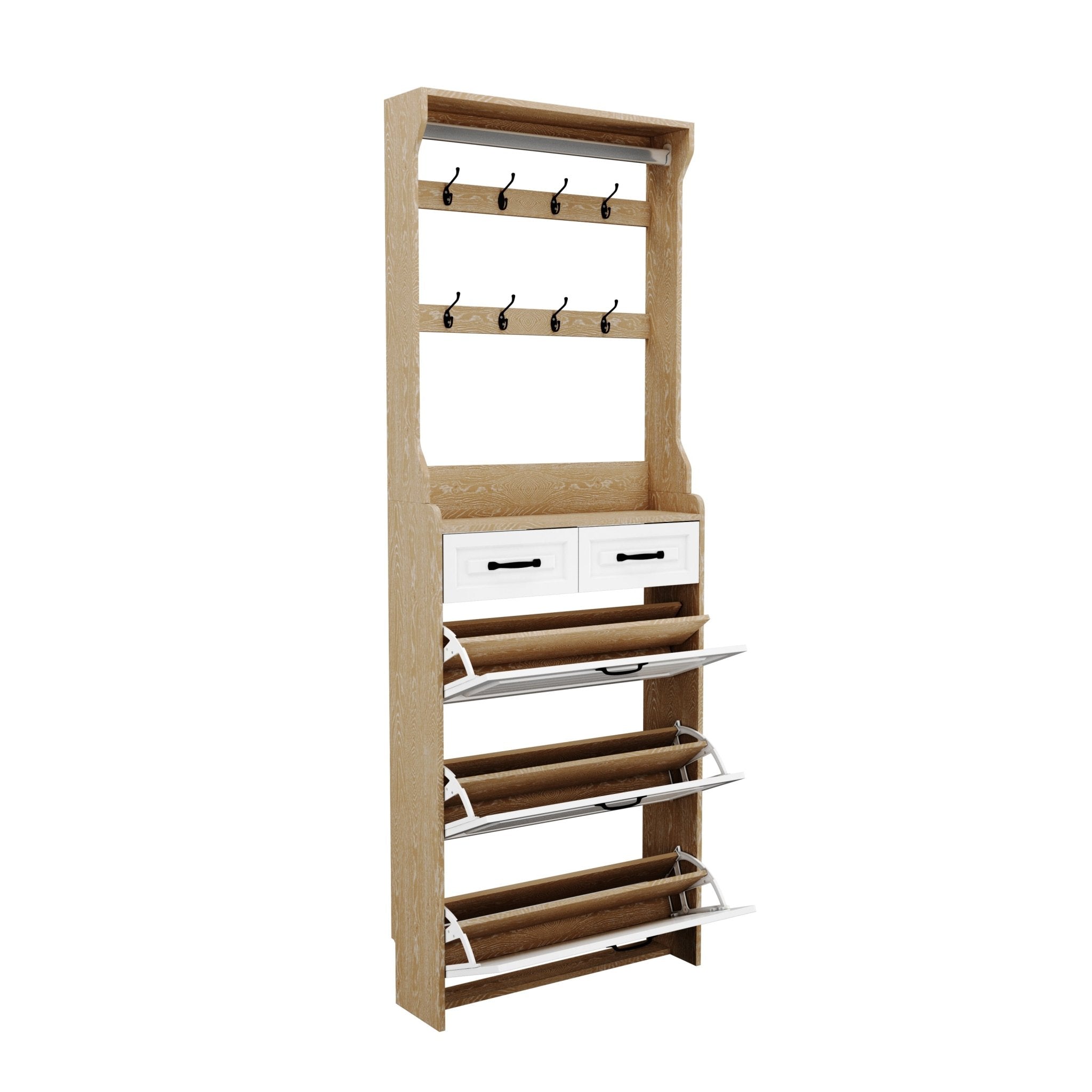 White shoe cabinet, 3 doors and 2 drawers with clothes hangers - KiKiUMi
