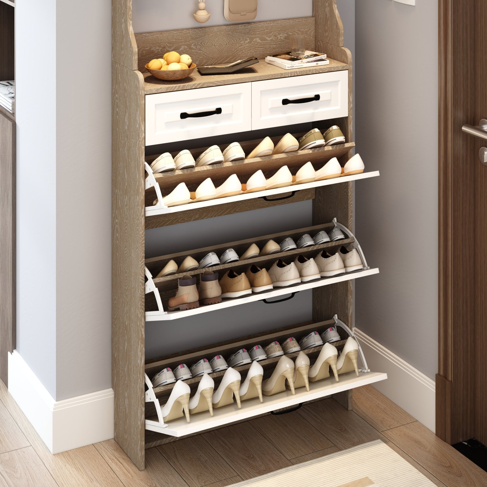 White shoe cabinet, 3 doors and 2 drawers with clothes hangers - KiKiUMi